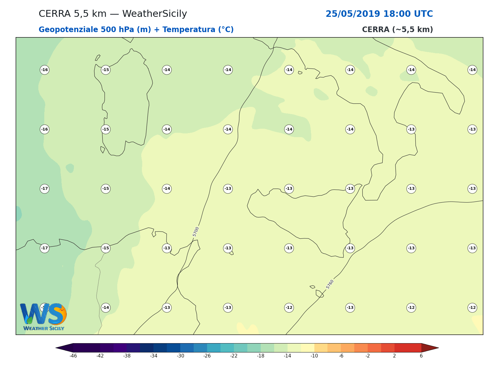 Geopotenziale 500 hPa + Temperatura · 2019052518