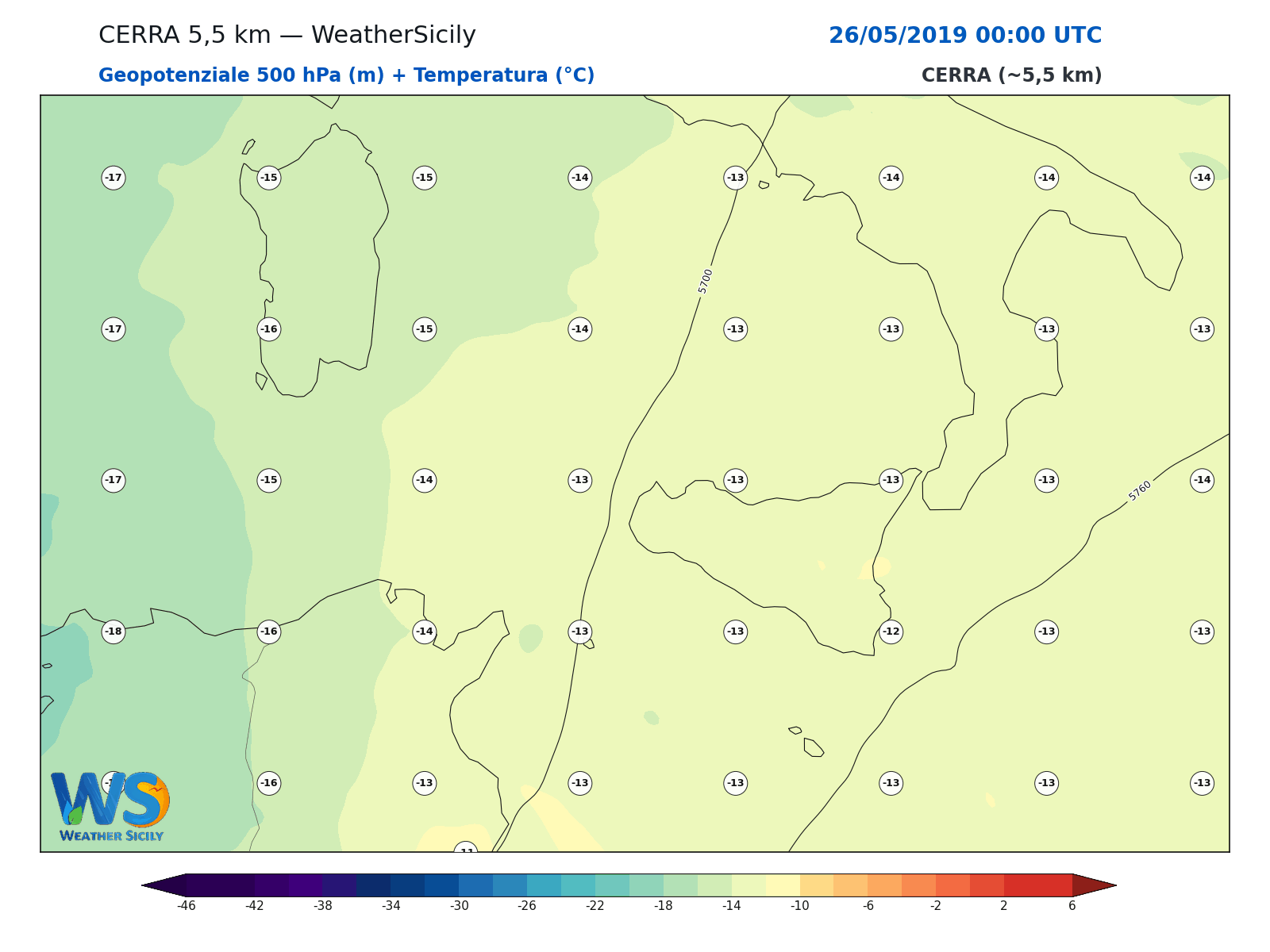 Geopotenziale 500 hPa + Temperatura · 2019052600