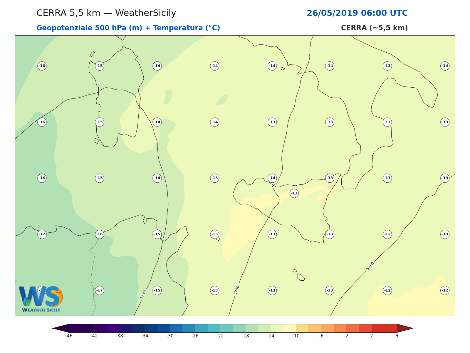 Geopotenziale 500 hPa + Temperatura · 2019052606