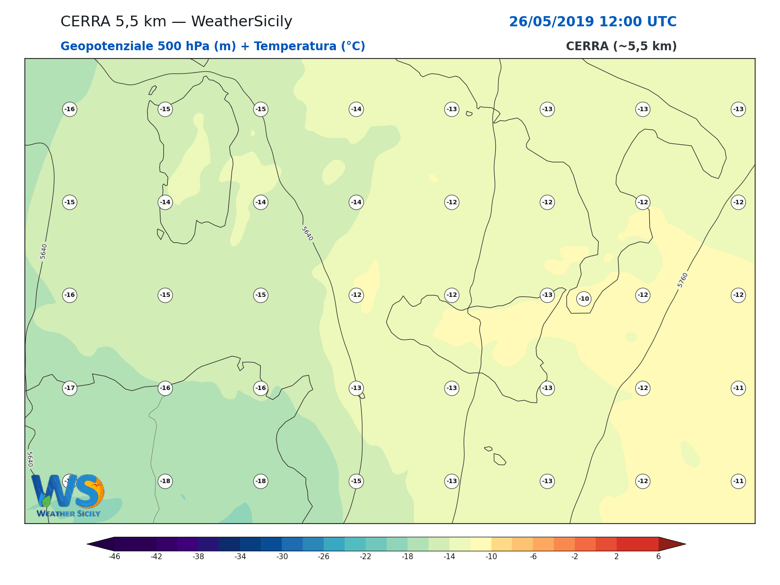 Geopotenziale 500 hPa + Temperatura · 2019052612