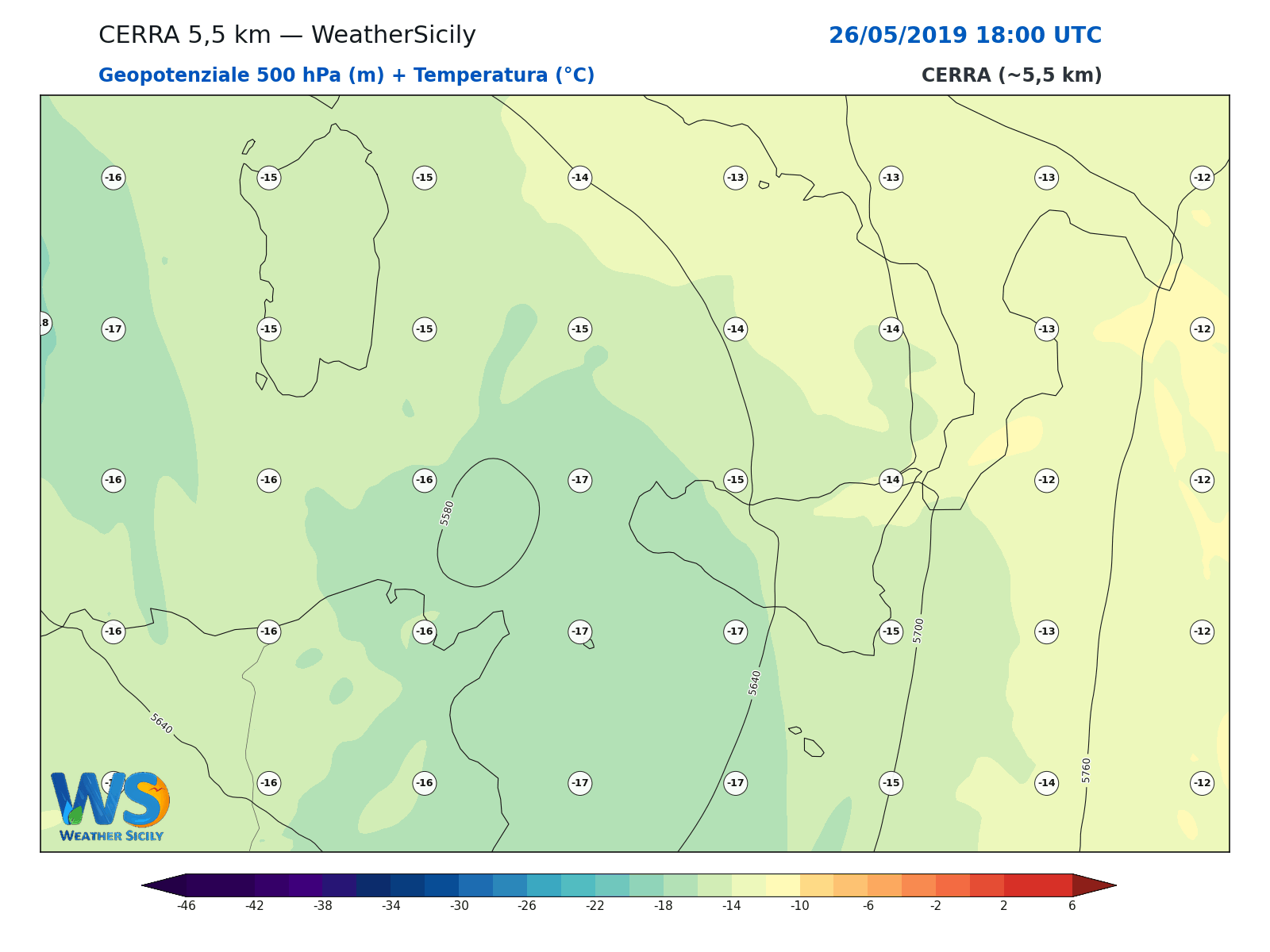 Geopotenziale 500 hPa + Temperatura · 2019052618