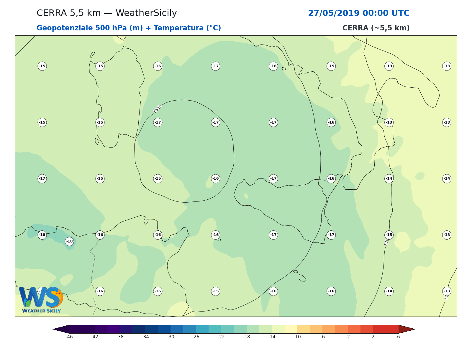 Geopotenziale 500 hPa + Temperatura · 2019052700
