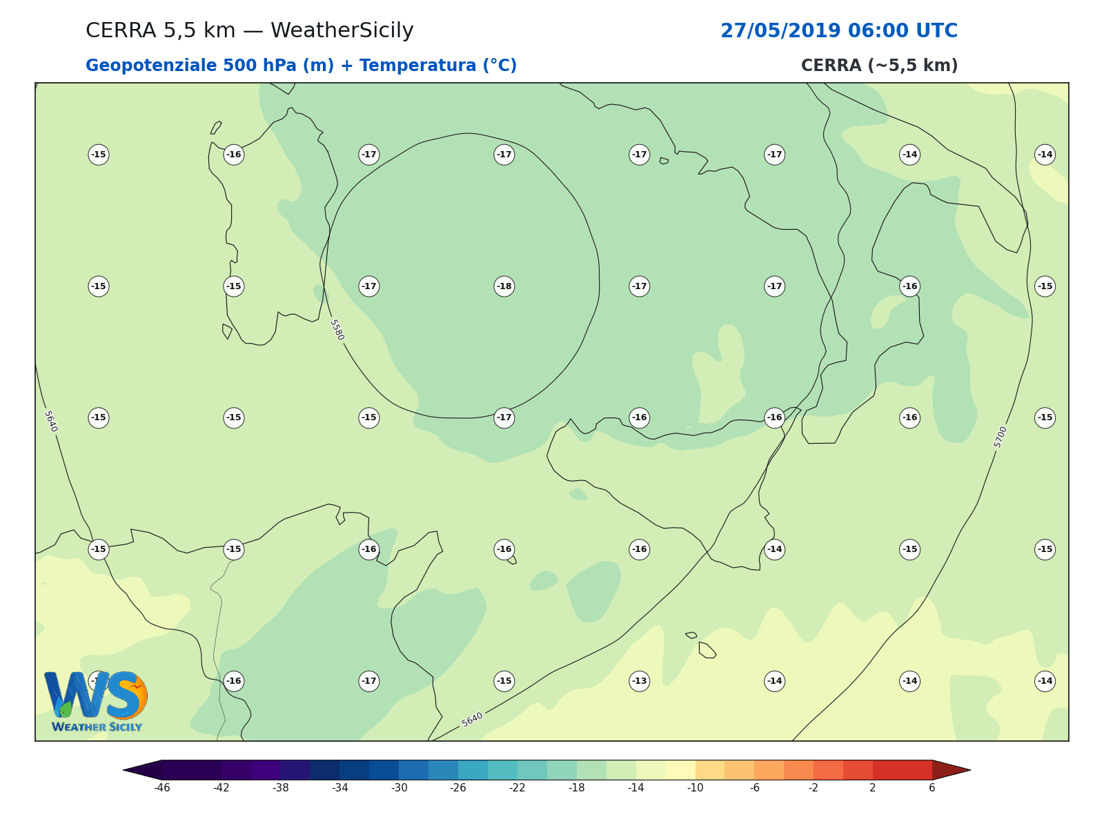 Geopotenziale 500 hPa + Temperatura · 2019052706