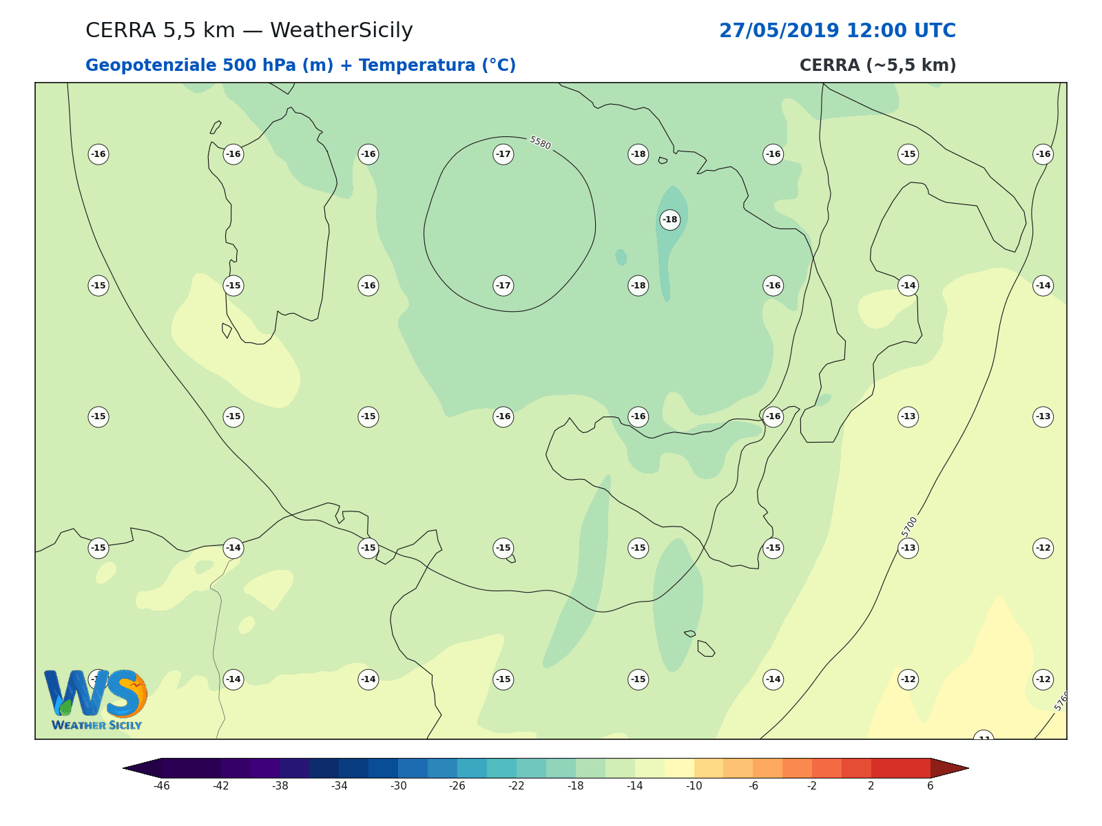 Geopotenziale 500 hPa + Temperatura · 2019052712