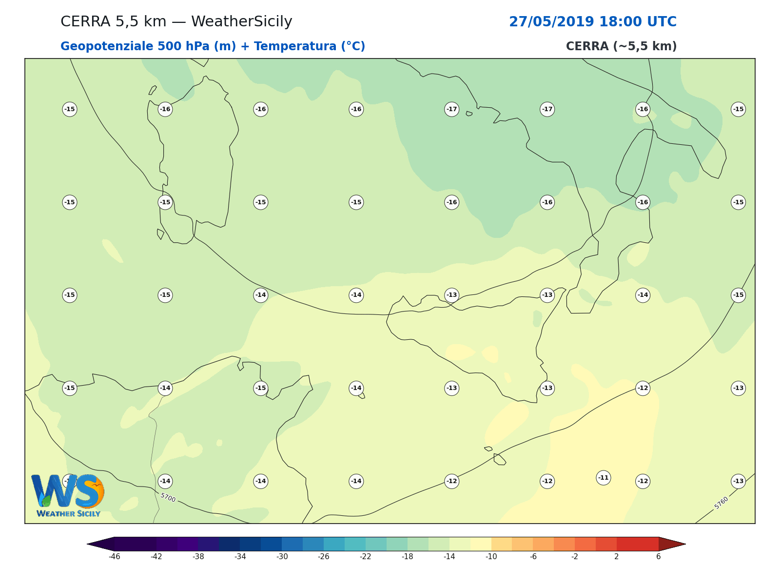 Geopotenziale 500 hPa + Temperatura · 2019052718