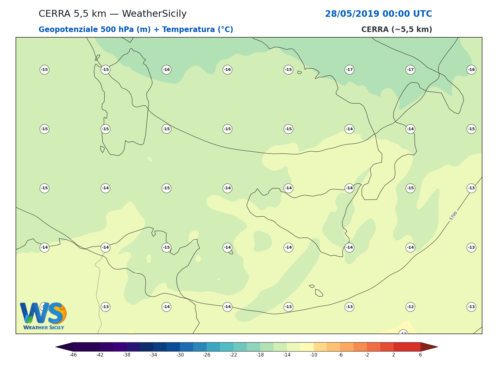 Geopotenziale 500 hPa + Temperatura · 2019052800