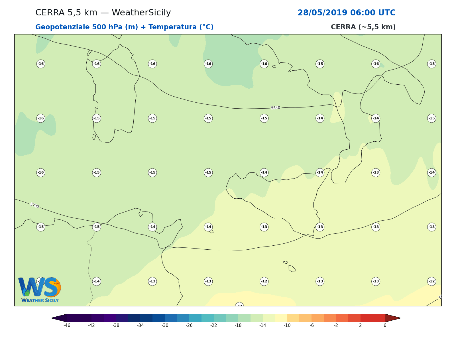 Geopotenziale 500 hPa + Temperatura · 2019052806