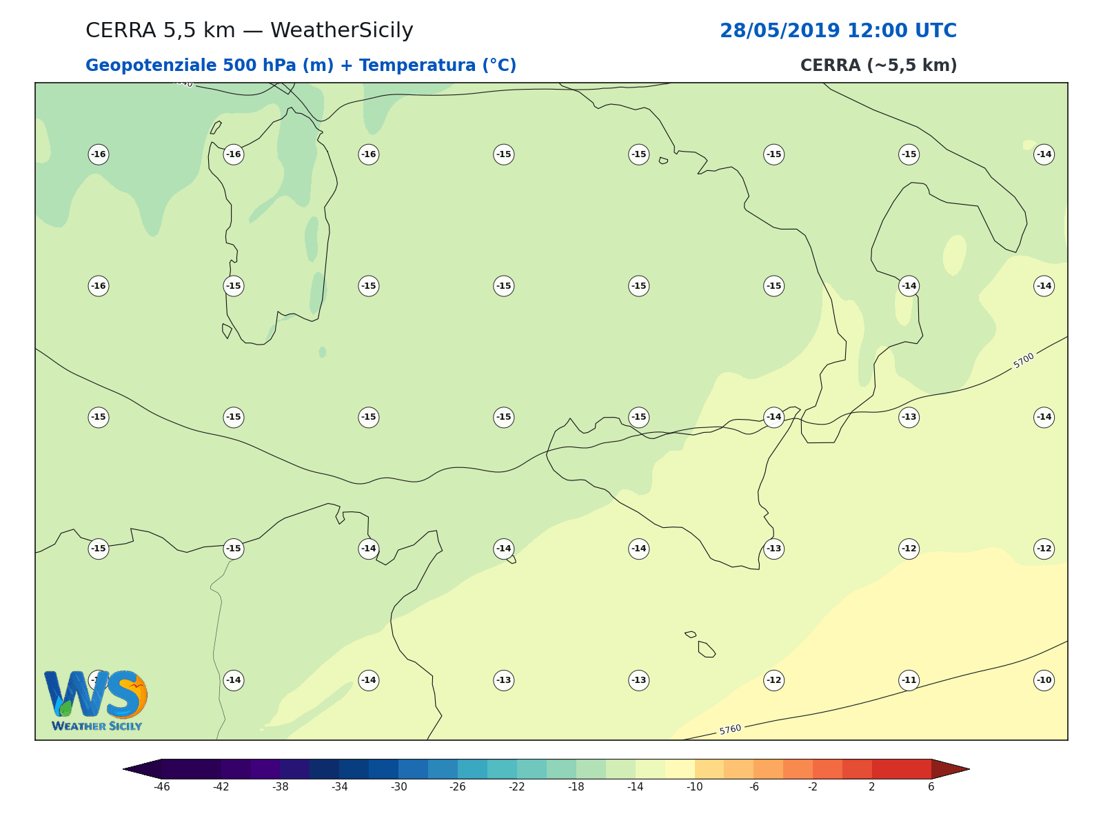 Geopotenziale 500 hPa + Temperatura · 2019052812