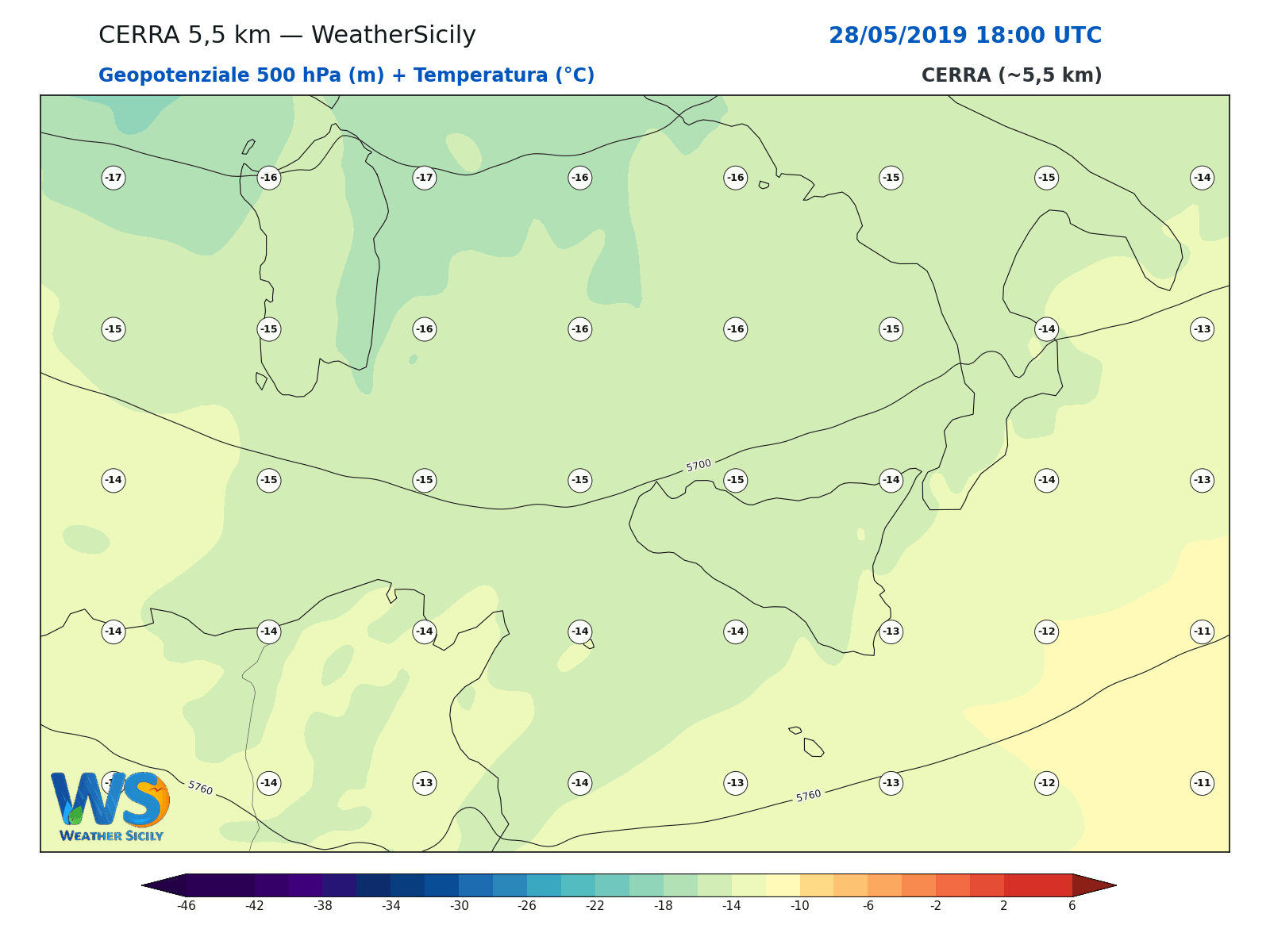 Geopotenziale 500 hPa + Temperatura · 2019052818