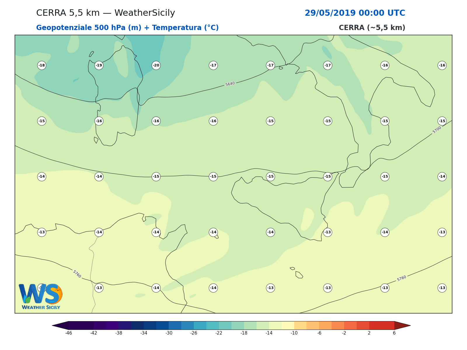 Geopotenziale 500 hPa + Temperatura · 2019052900