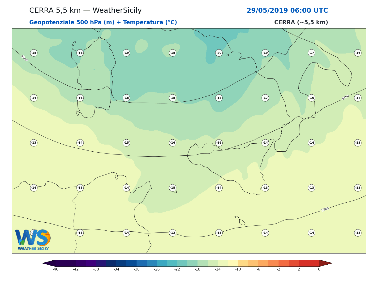 Geopotenziale 500 hPa + Temperatura · 2019052906