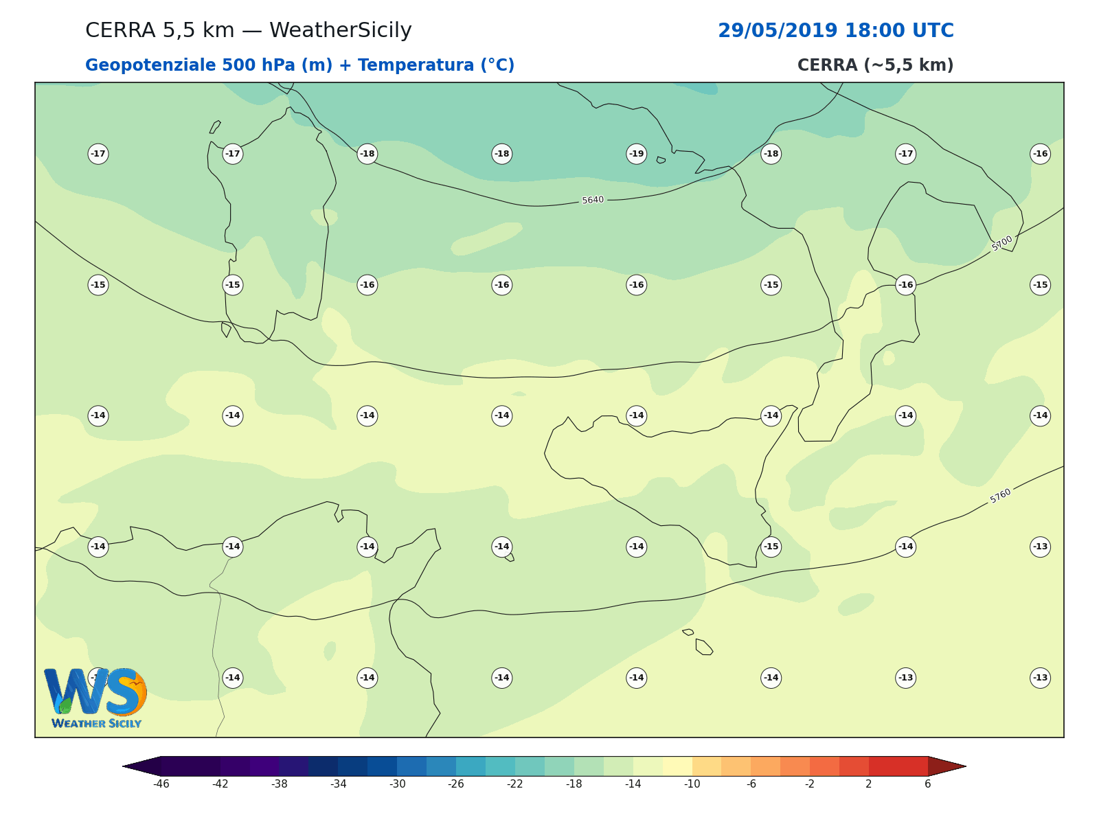 Geopotenziale 500 hPa + Temperatura · 2019052918