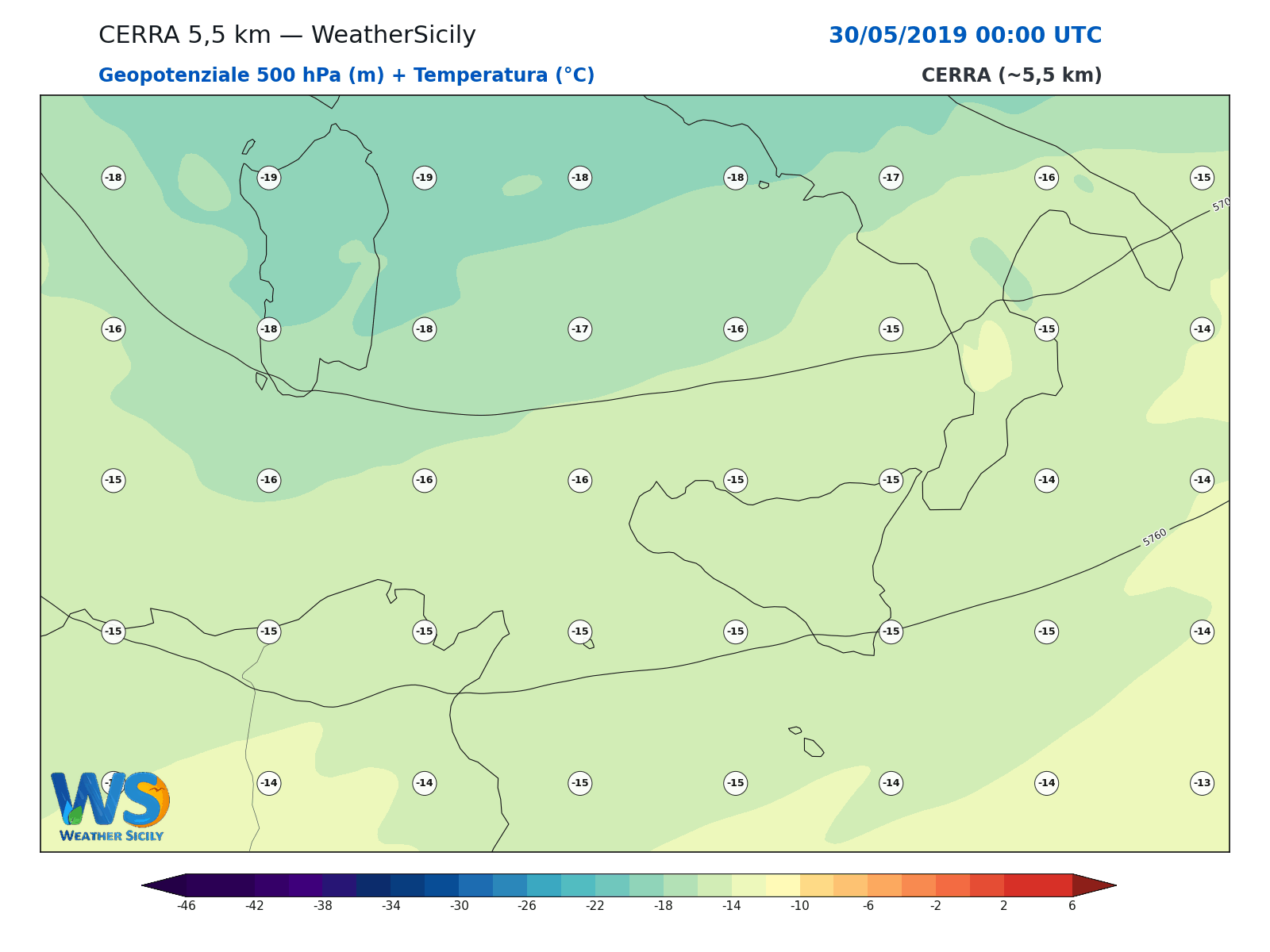 Geopotenziale 500 hPa + Temperatura · 2019053000