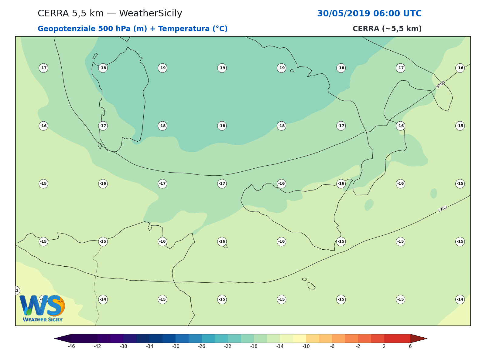 Geopotenziale 500 hPa + Temperatura · 2019053006