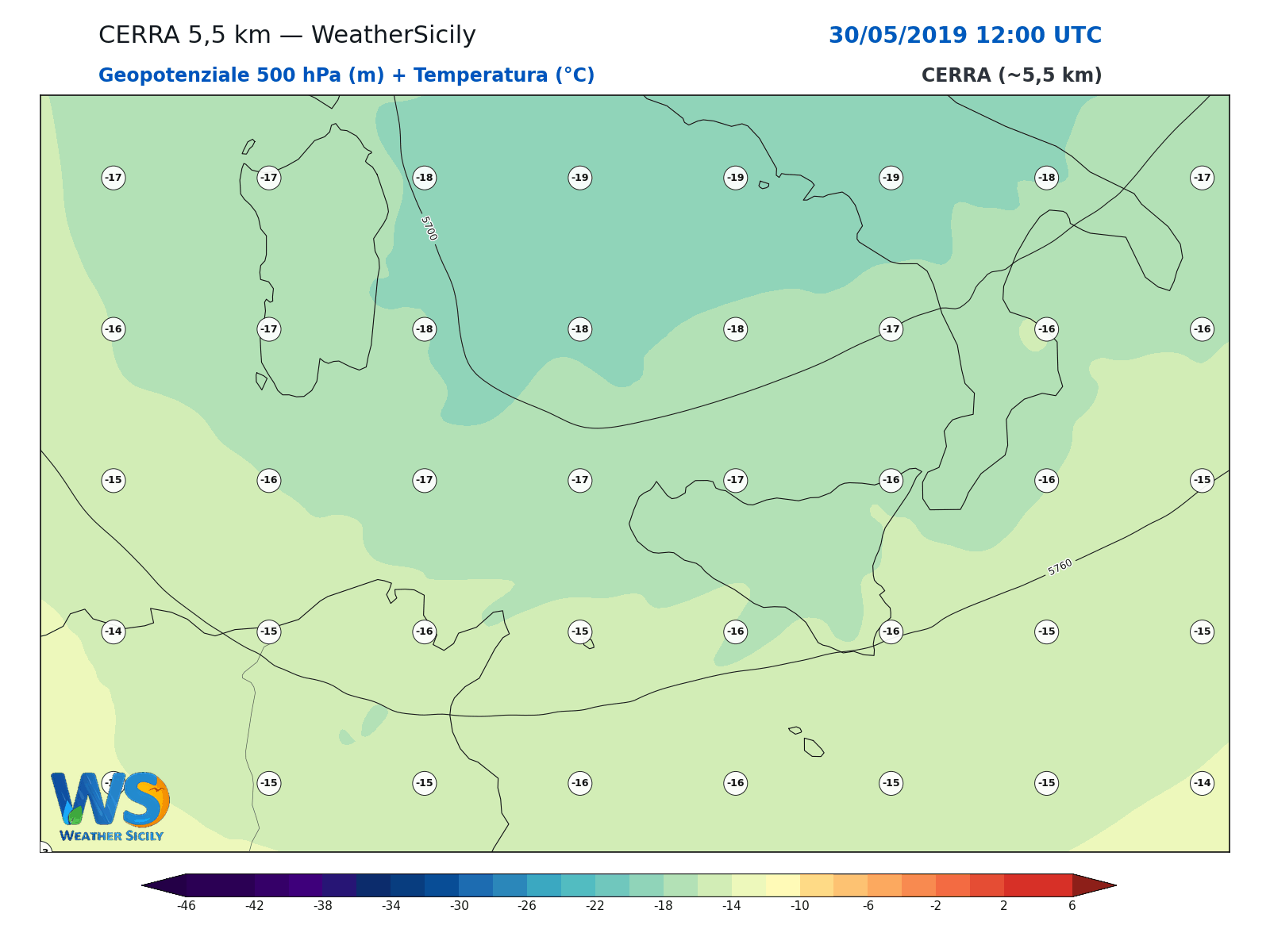 Geopotenziale 500 hPa + Temperatura · 2019053012