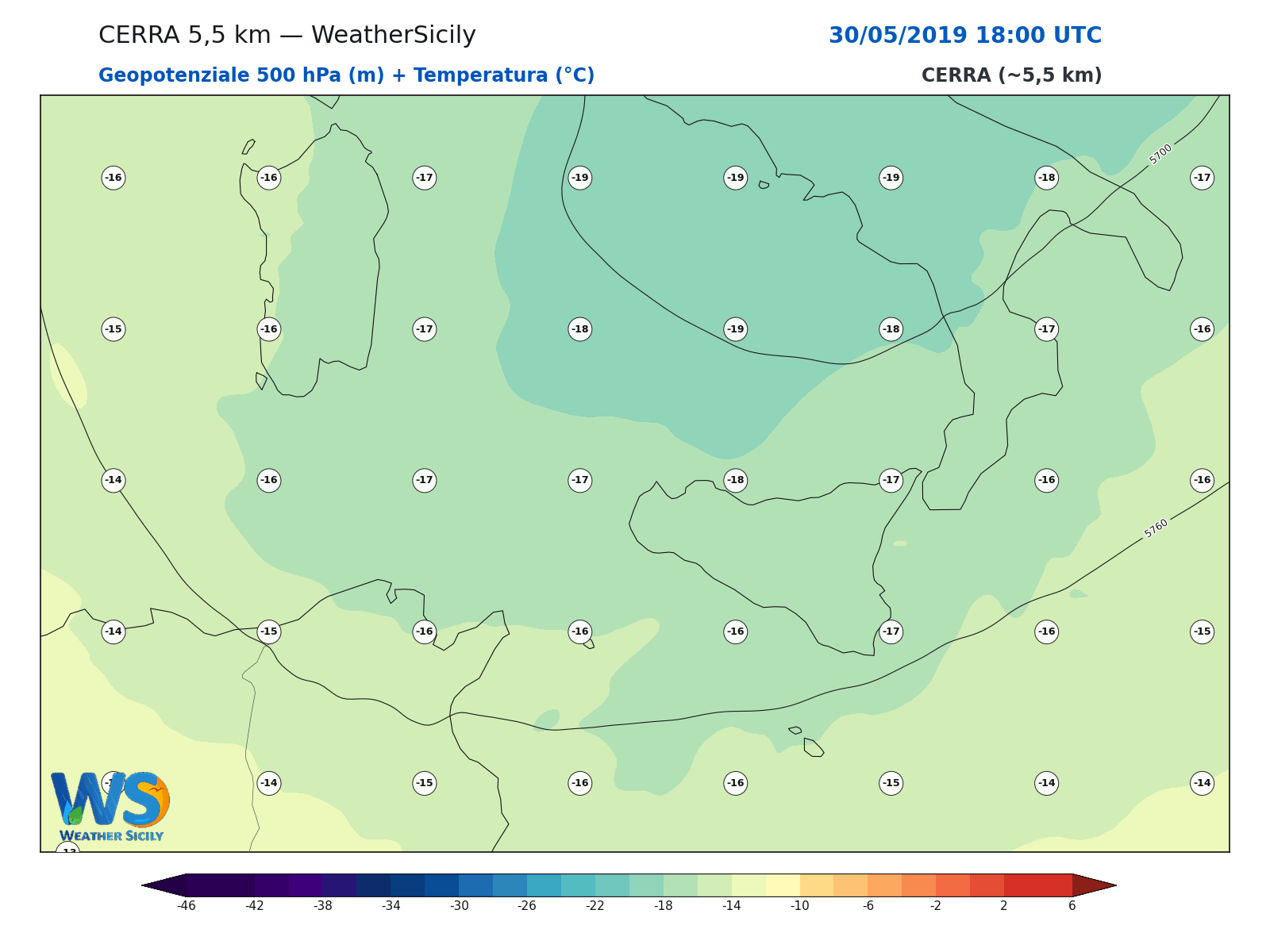 Geopotenziale 500 hPa + Temperatura · 2019053018