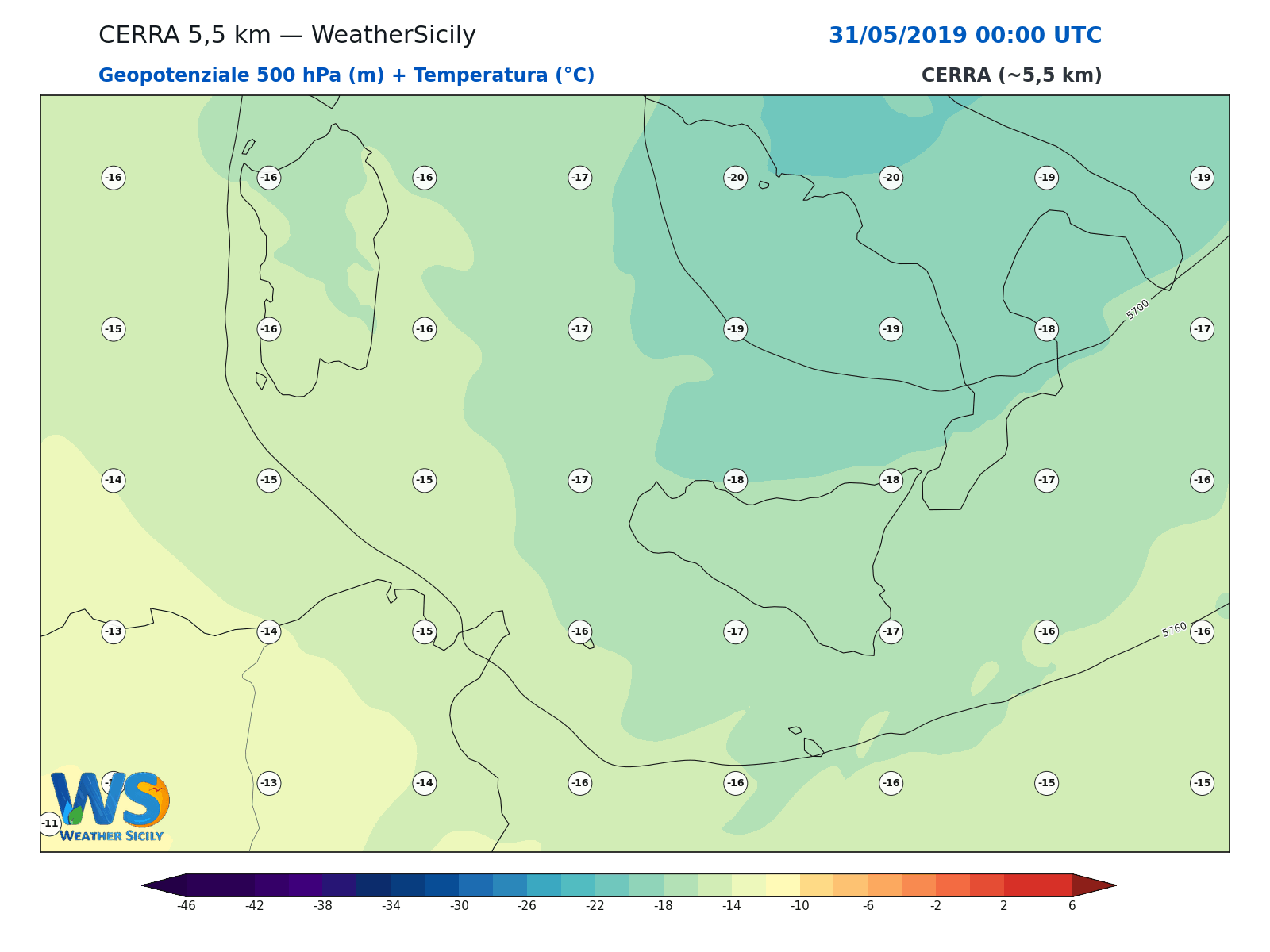 Geopotenziale 500 hPa + Temperatura · 2019053100
