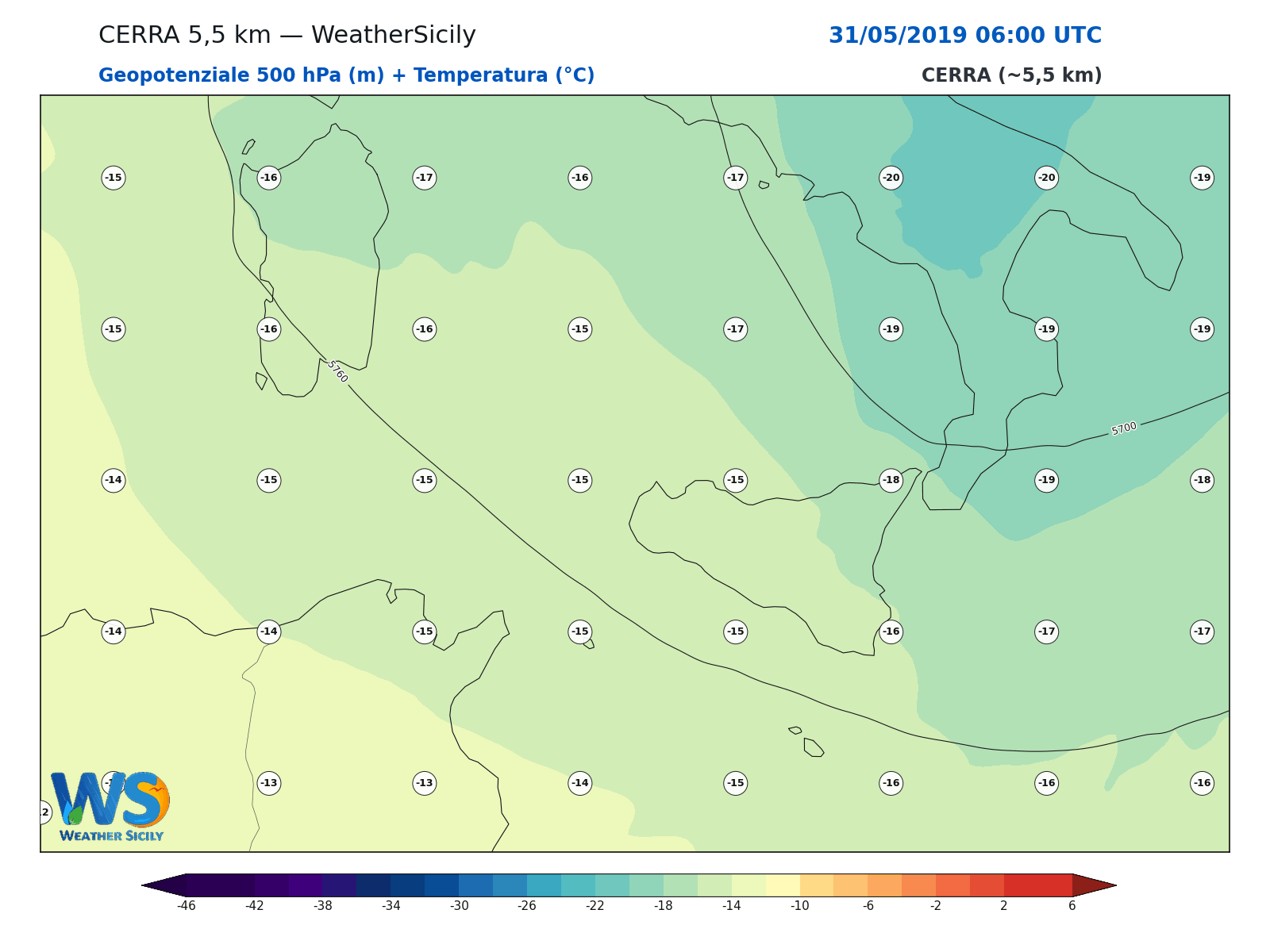 Geopotenziale 500 hPa + Temperatura · 2019053106