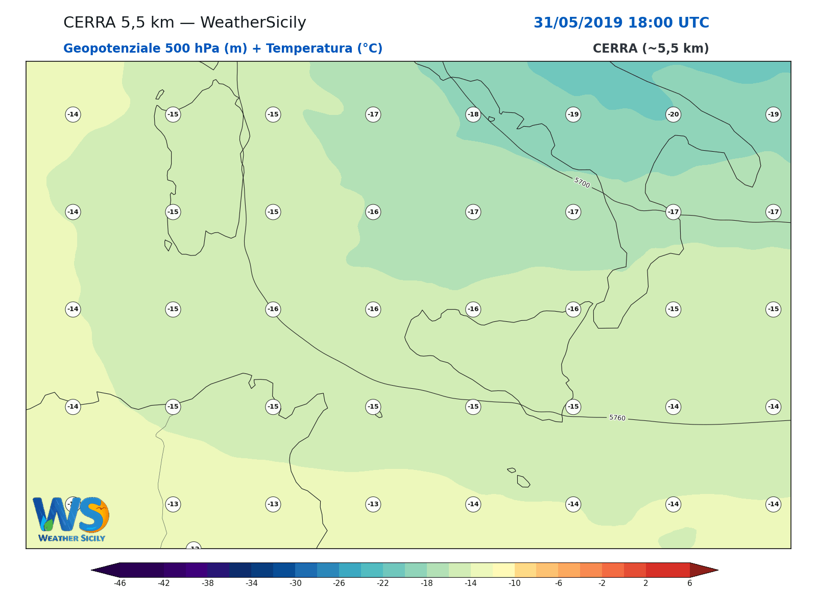 Geopotenziale 500 hPa + Temperatura · 2019053118