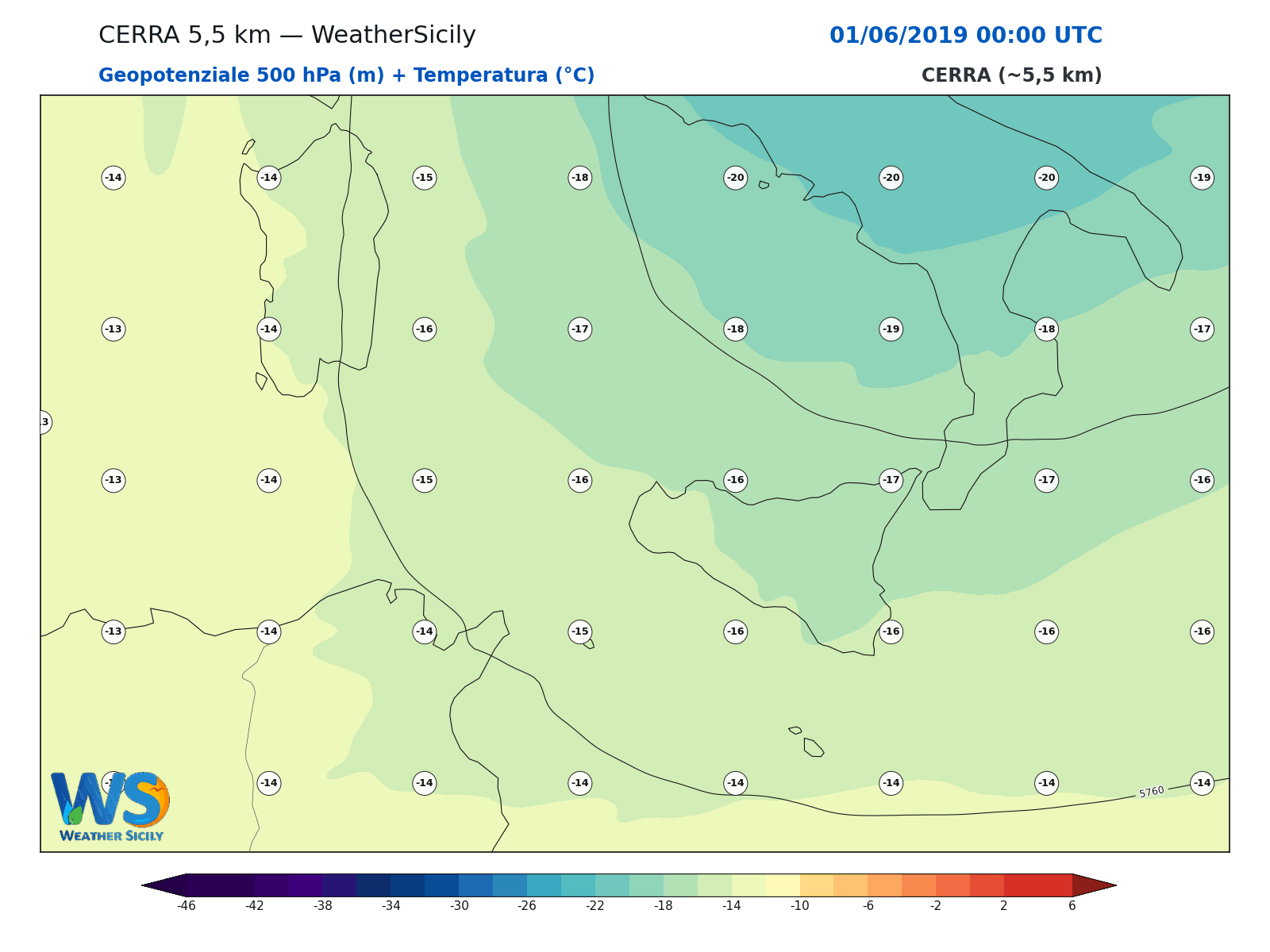 Geopotenziale 500 hPa + Temperatura · 2019060100