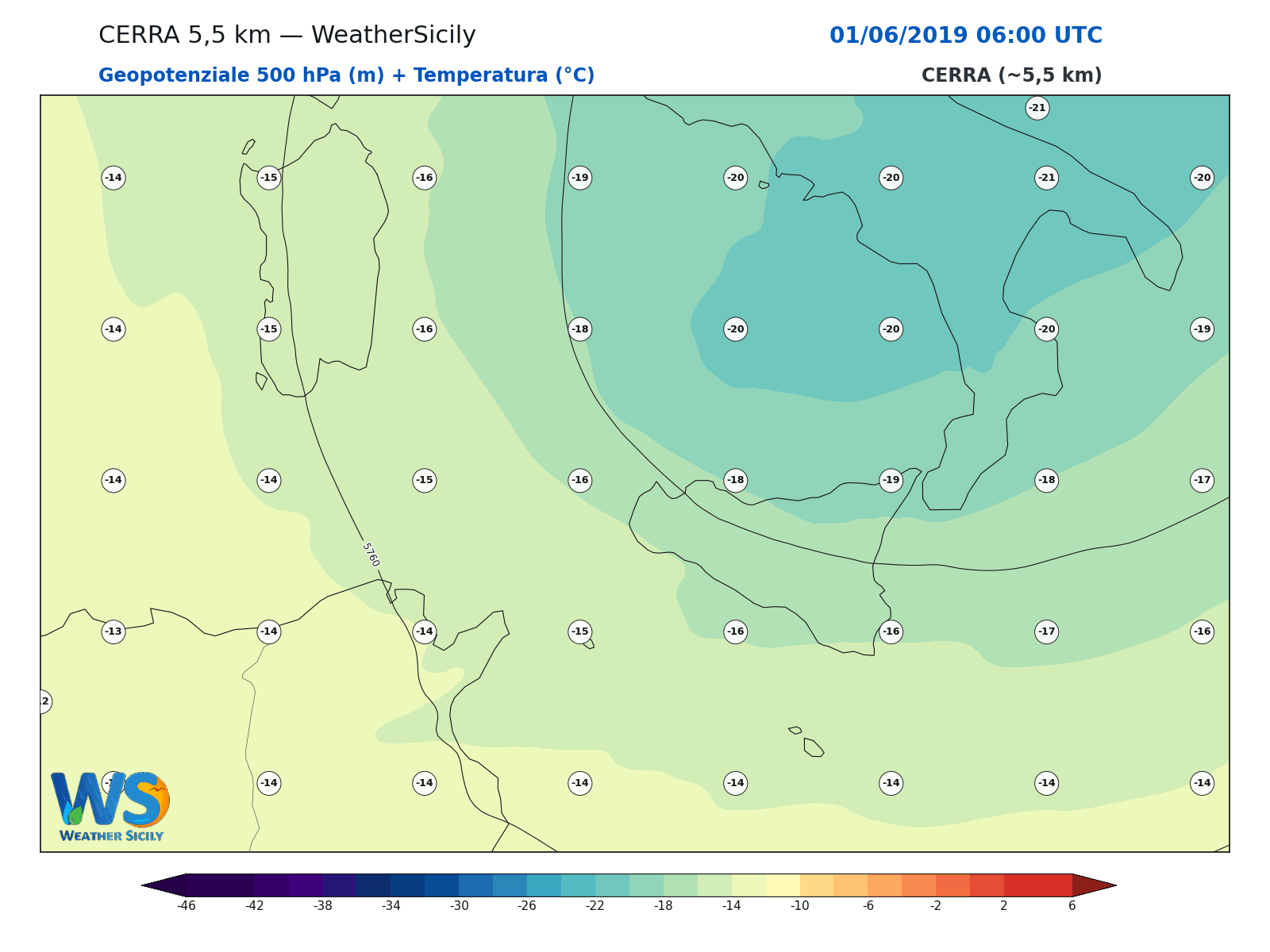 Geopotenziale 500 hPa + Temperatura · 2019060106