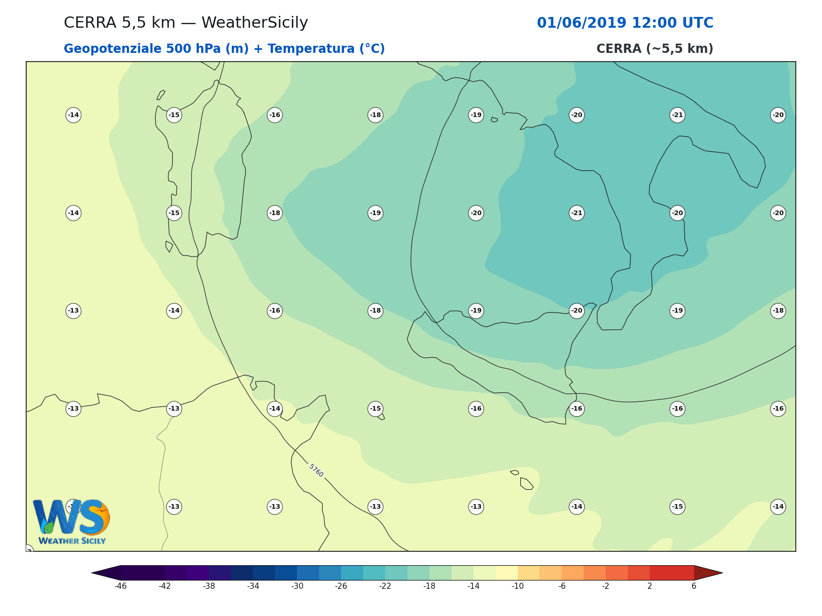 Geopotenziale 500 hPa + Temperatura · 2019060112