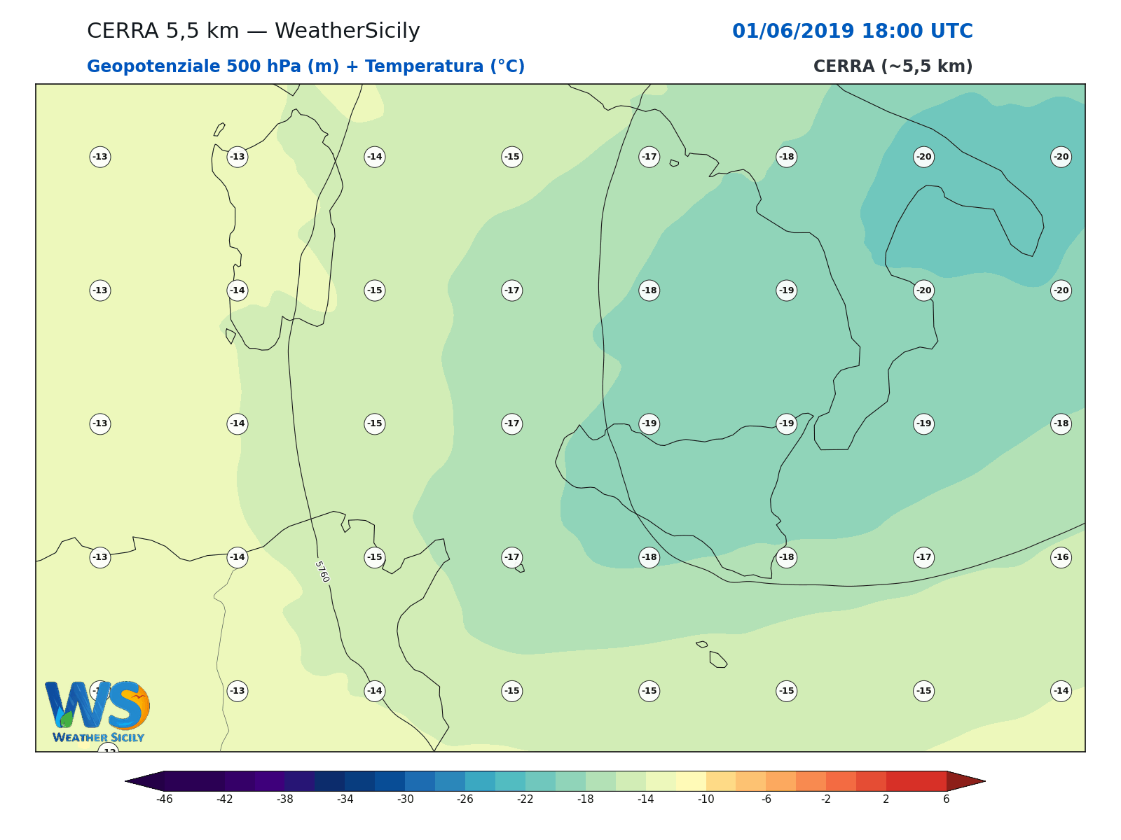 Geopotenziale 500 hPa + Temperatura · 2019060118