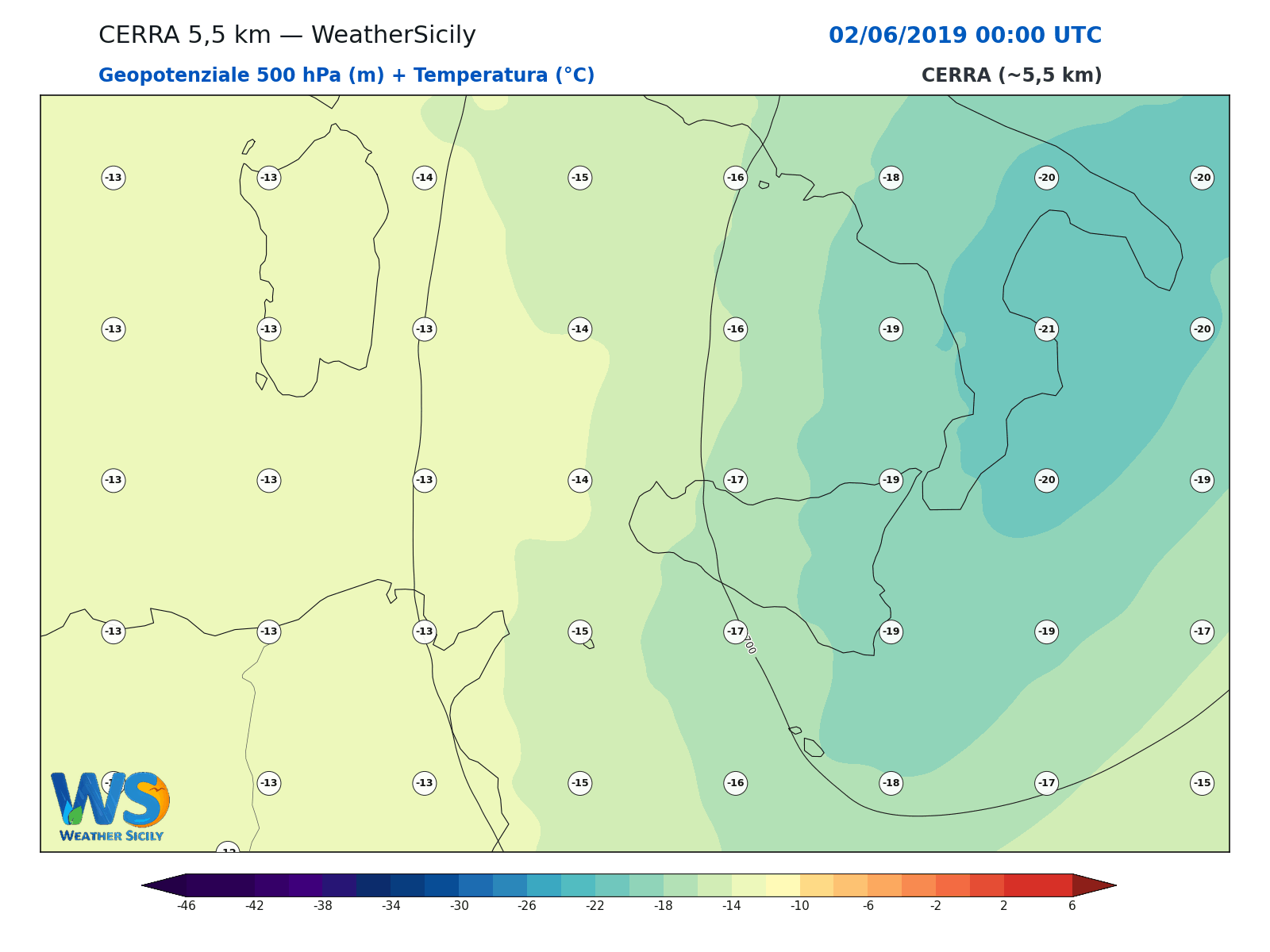 Geopotenziale 500 hPa + Temperatura · 2019060200