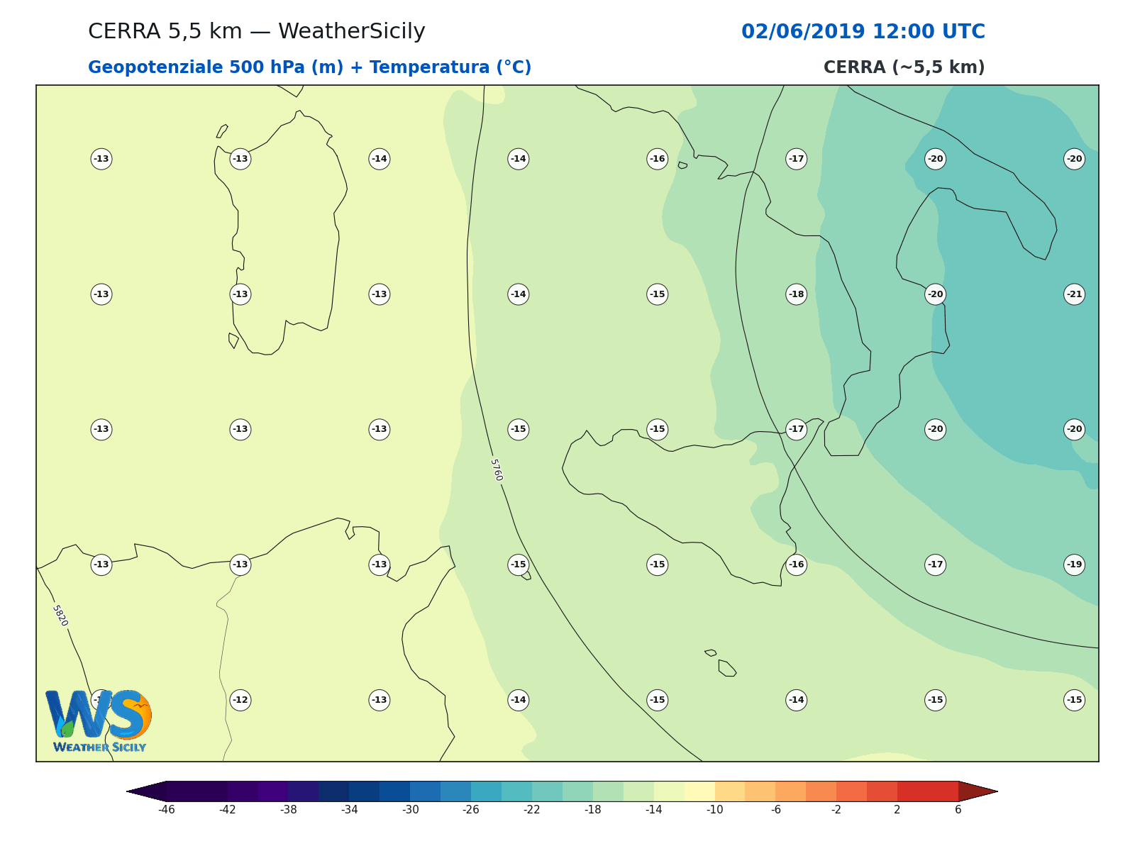 Geopotenziale 500 hPa + Temperatura · 2019060212