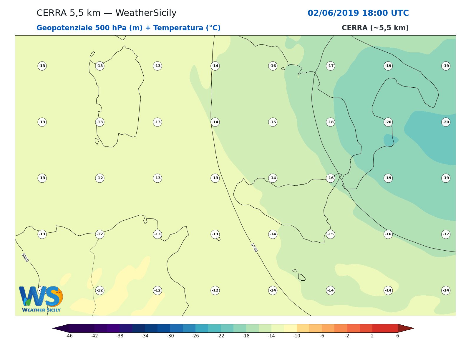 Geopotenziale 500 hPa + Temperatura · 2019060218