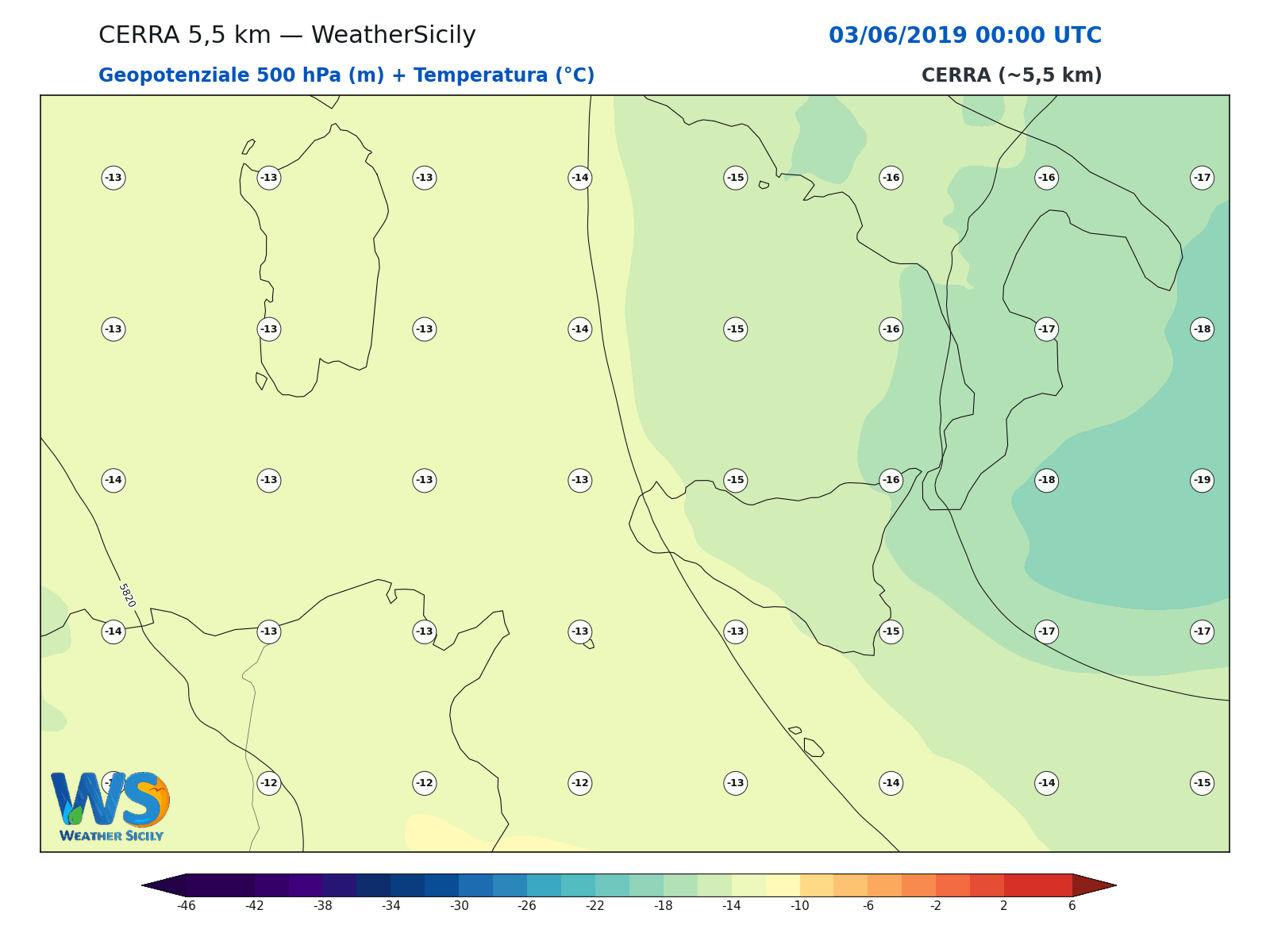 Geopotenziale 500 hPa + Temperatura · 2019060300