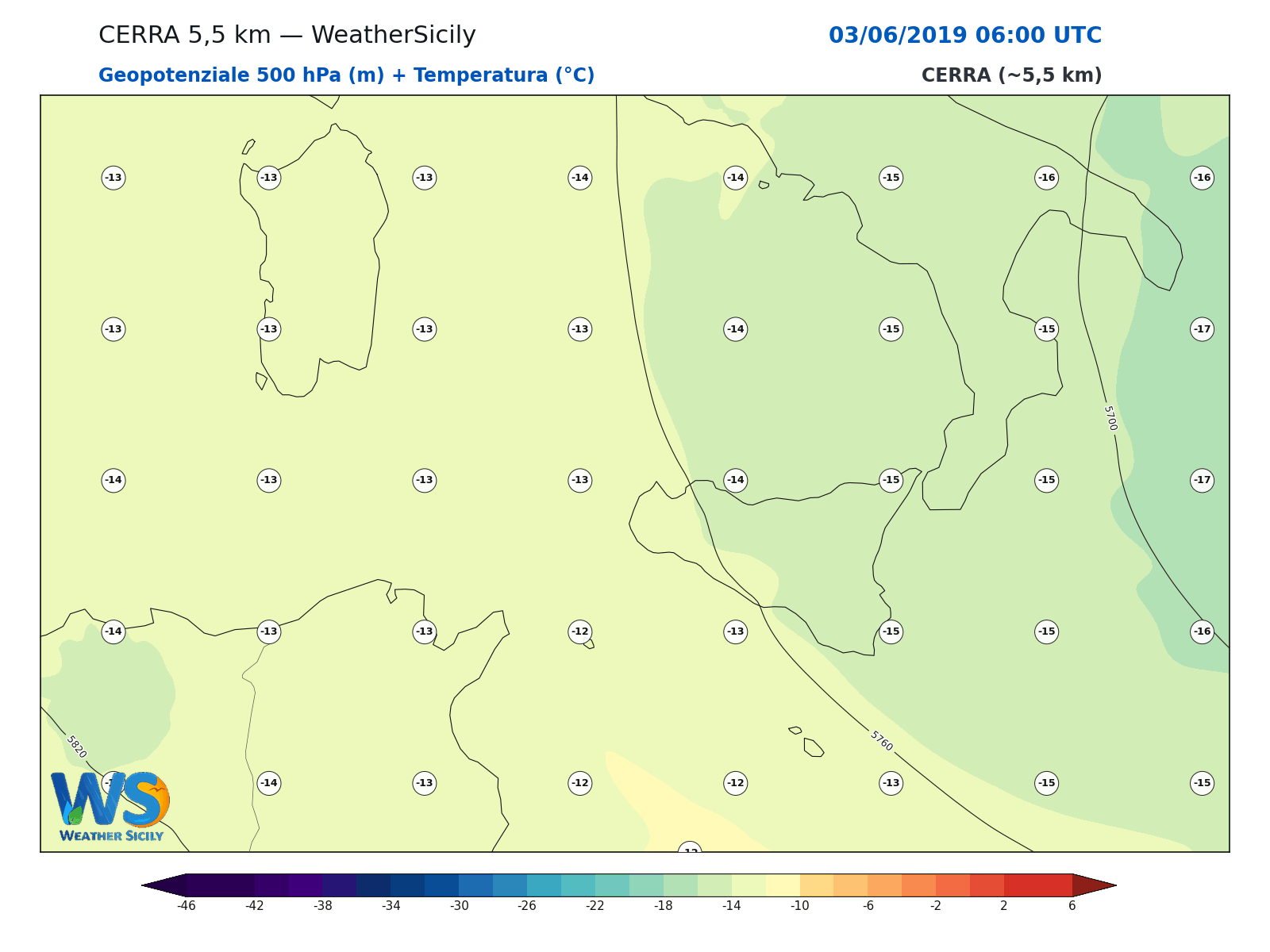 Geopotenziale 500 hPa + Temperatura · 2019060306