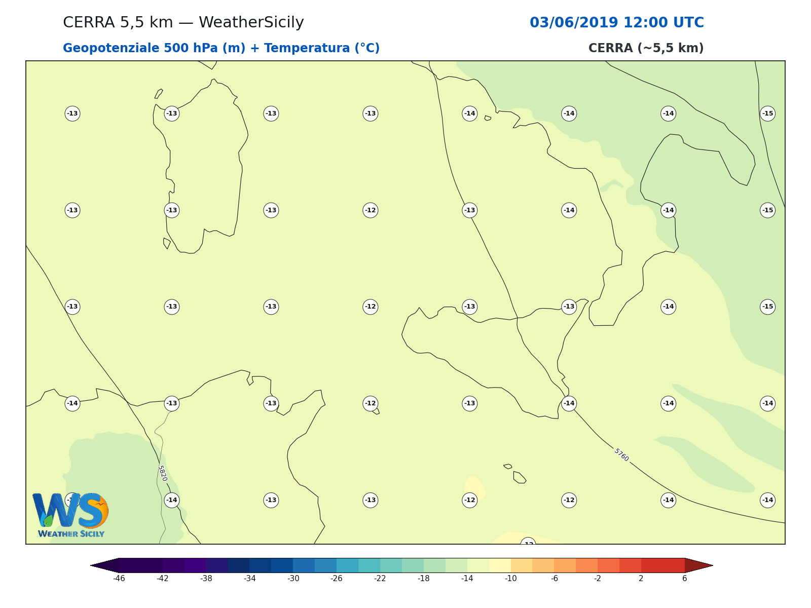 Geopotenziale 500 hPa + Temperatura · 2019060312