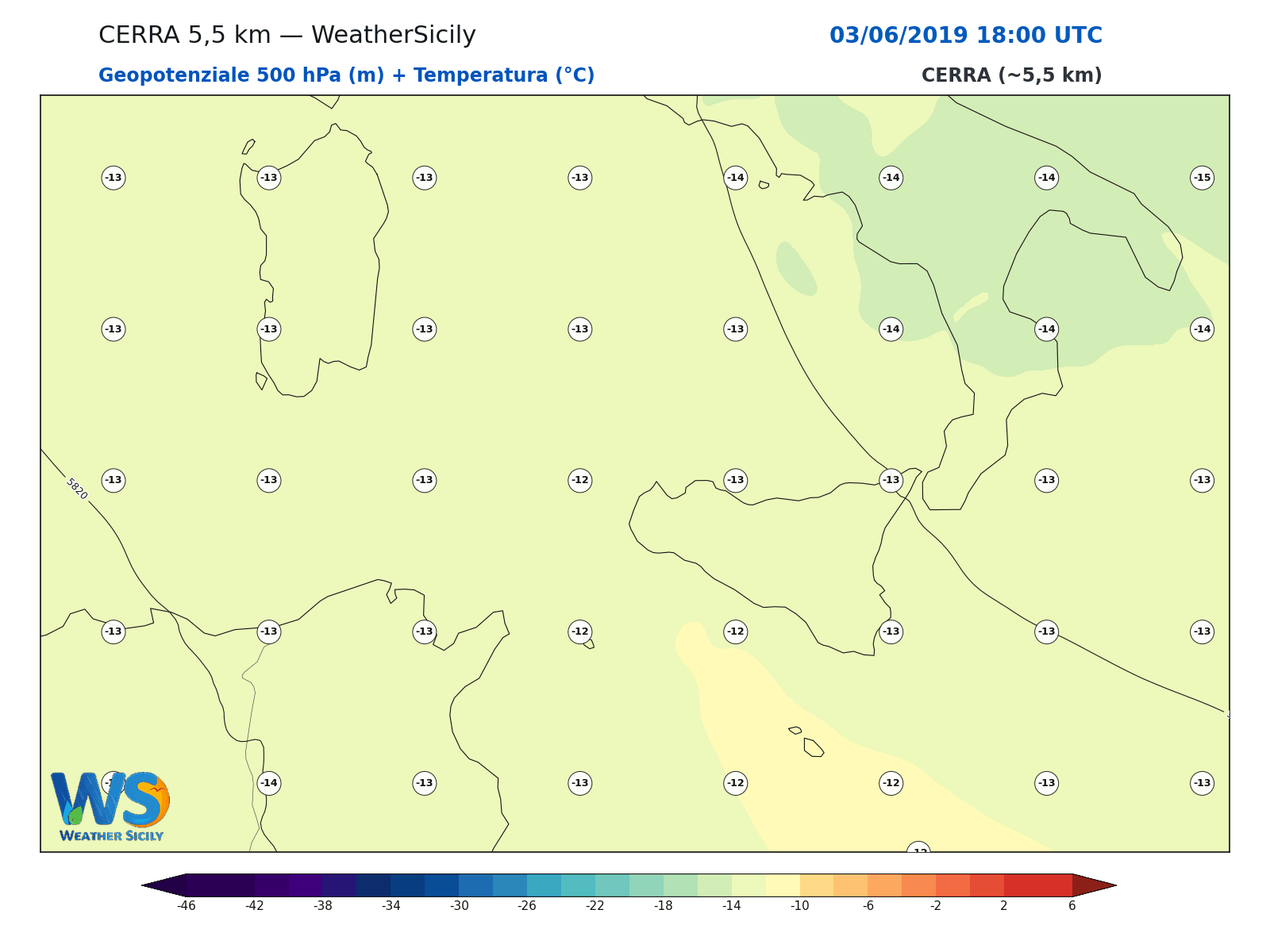 Geopotenziale 500 hPa + Temperatura · 2019060318