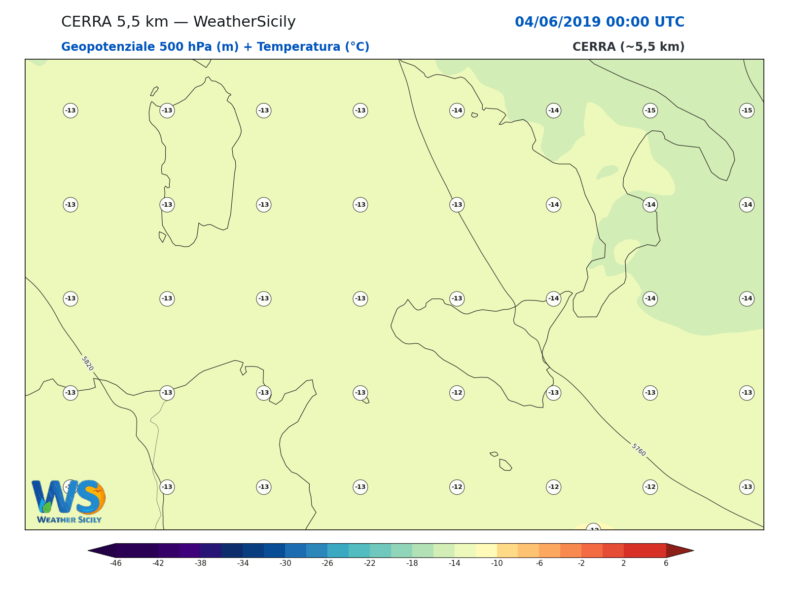 Geopotenziale 500 hPa + Temperatura · 2019060400