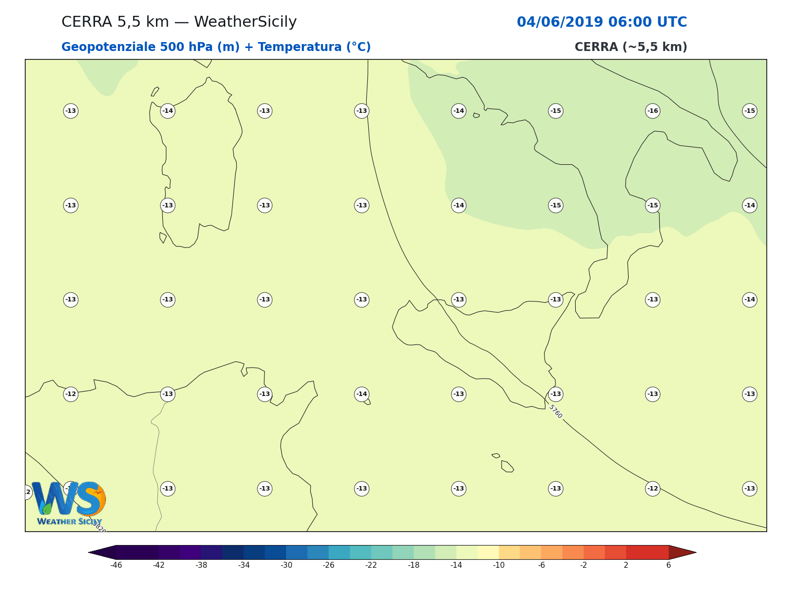 Geopotenziale 500 hPa + Temperatura · 2019060406