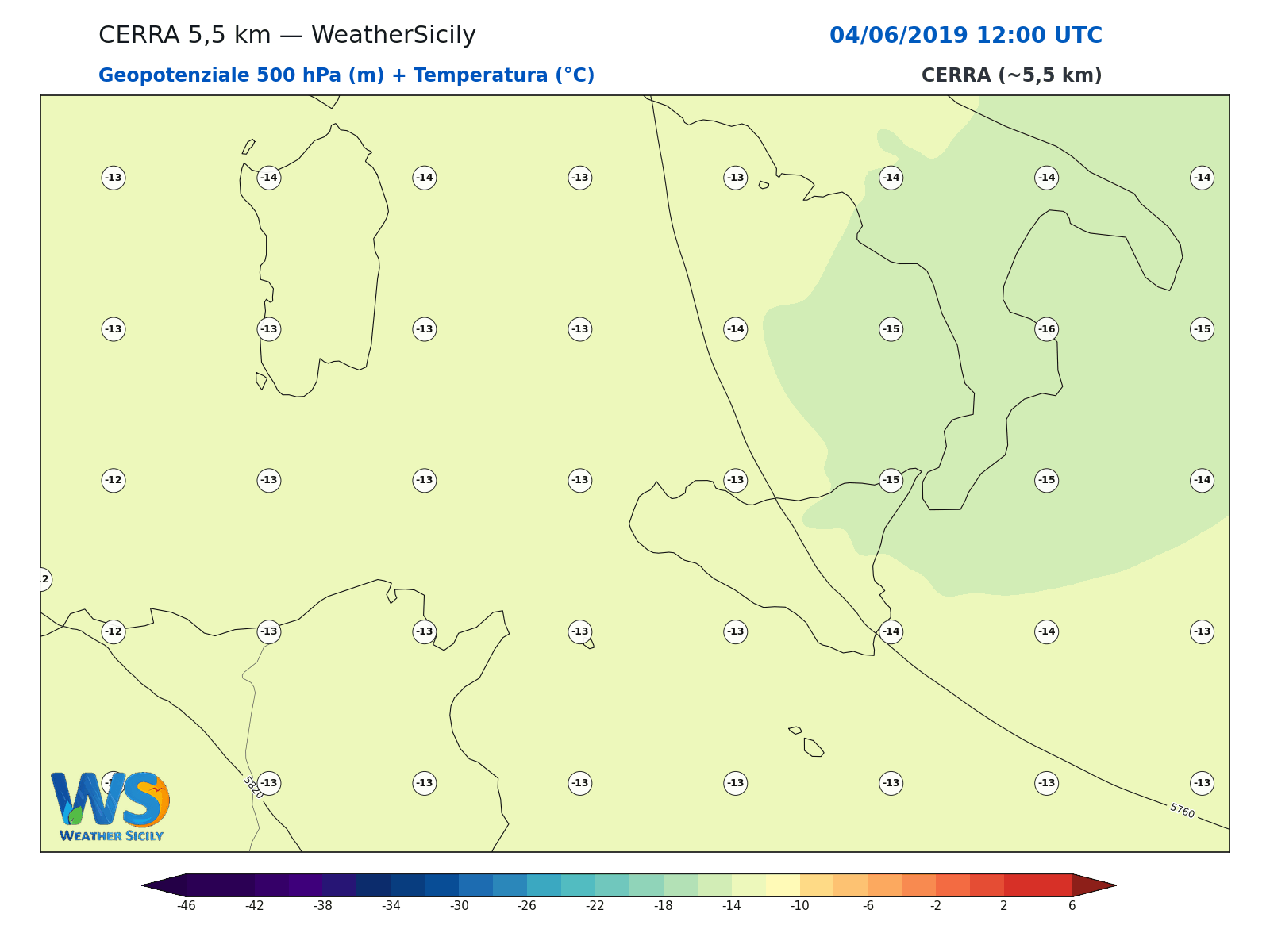 Geopotenziale 500 hPa + Temperatura · 2019060412
