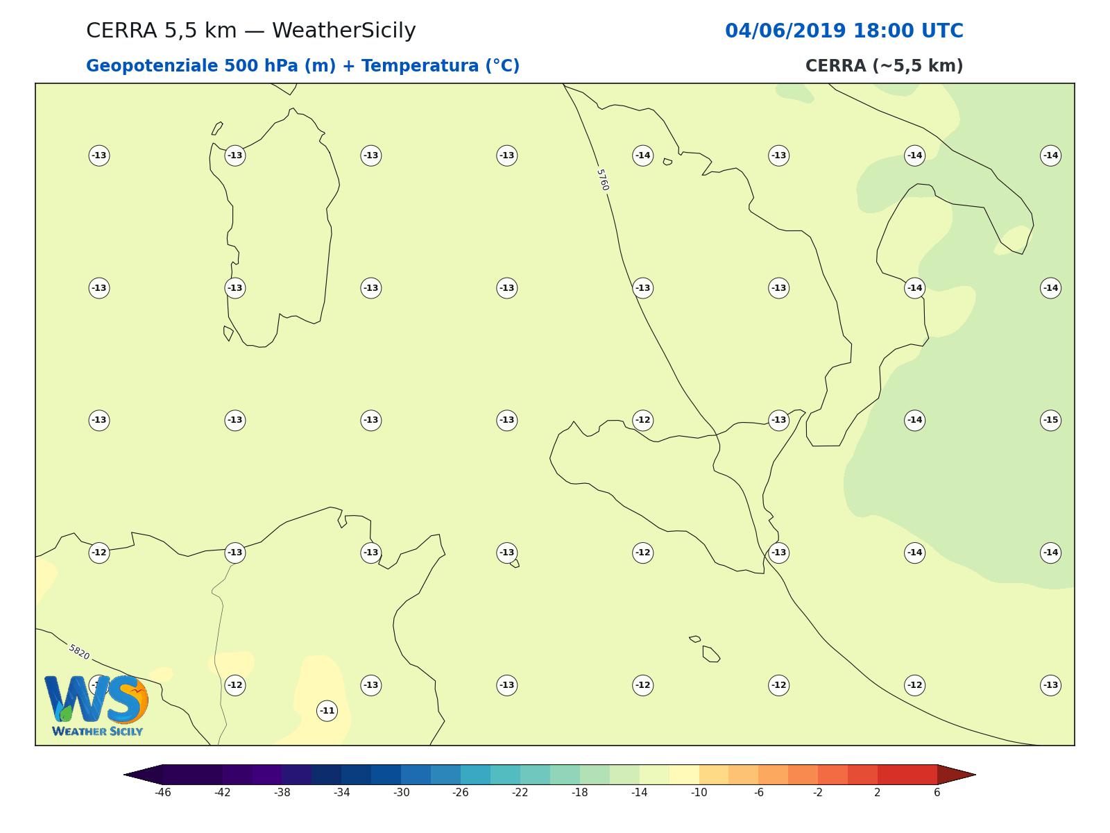 Geopotenziale 500 hPa + Temperatura · 2019060418