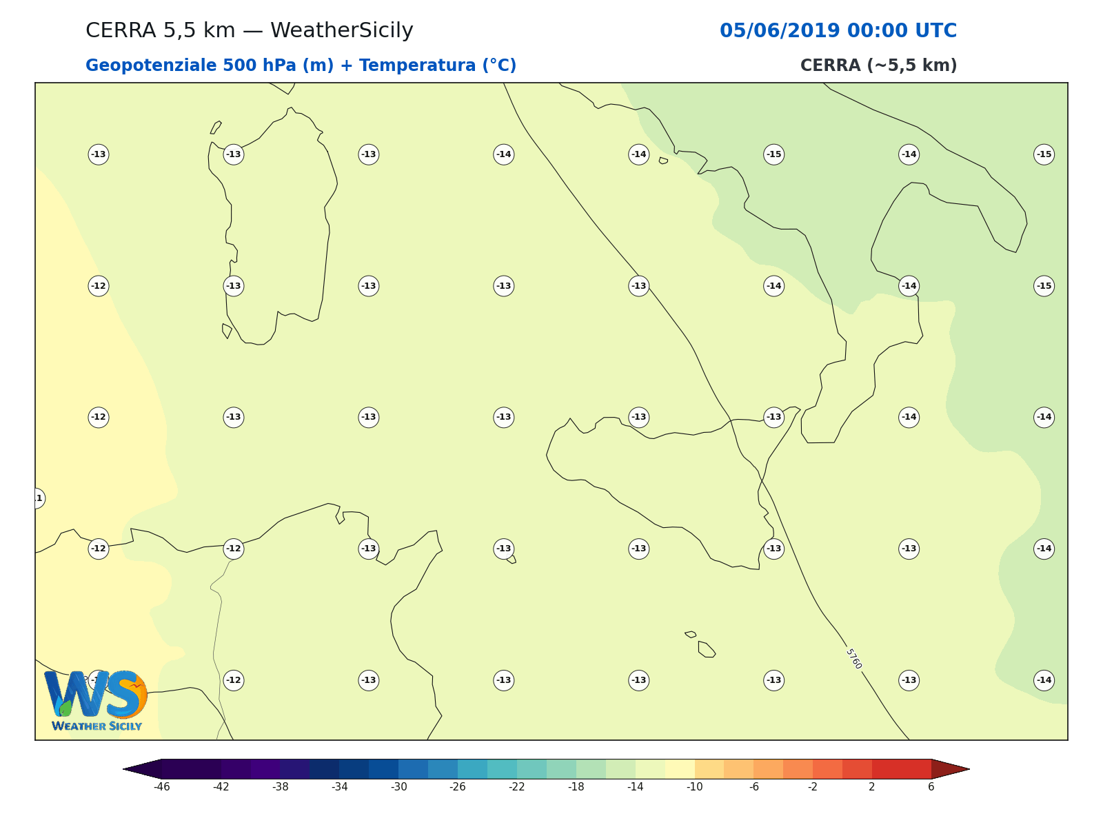 Geopotenziale 500 hPa + Temperatura · 2019060500