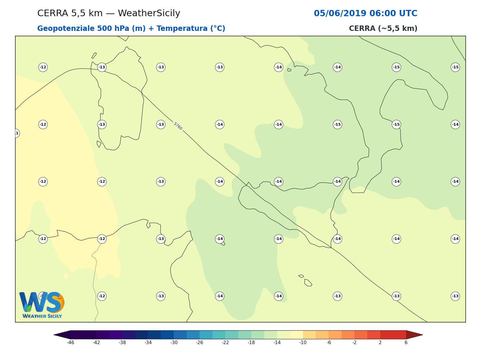 Geopotenziale 500 hPa + Temperatura · 2019060506