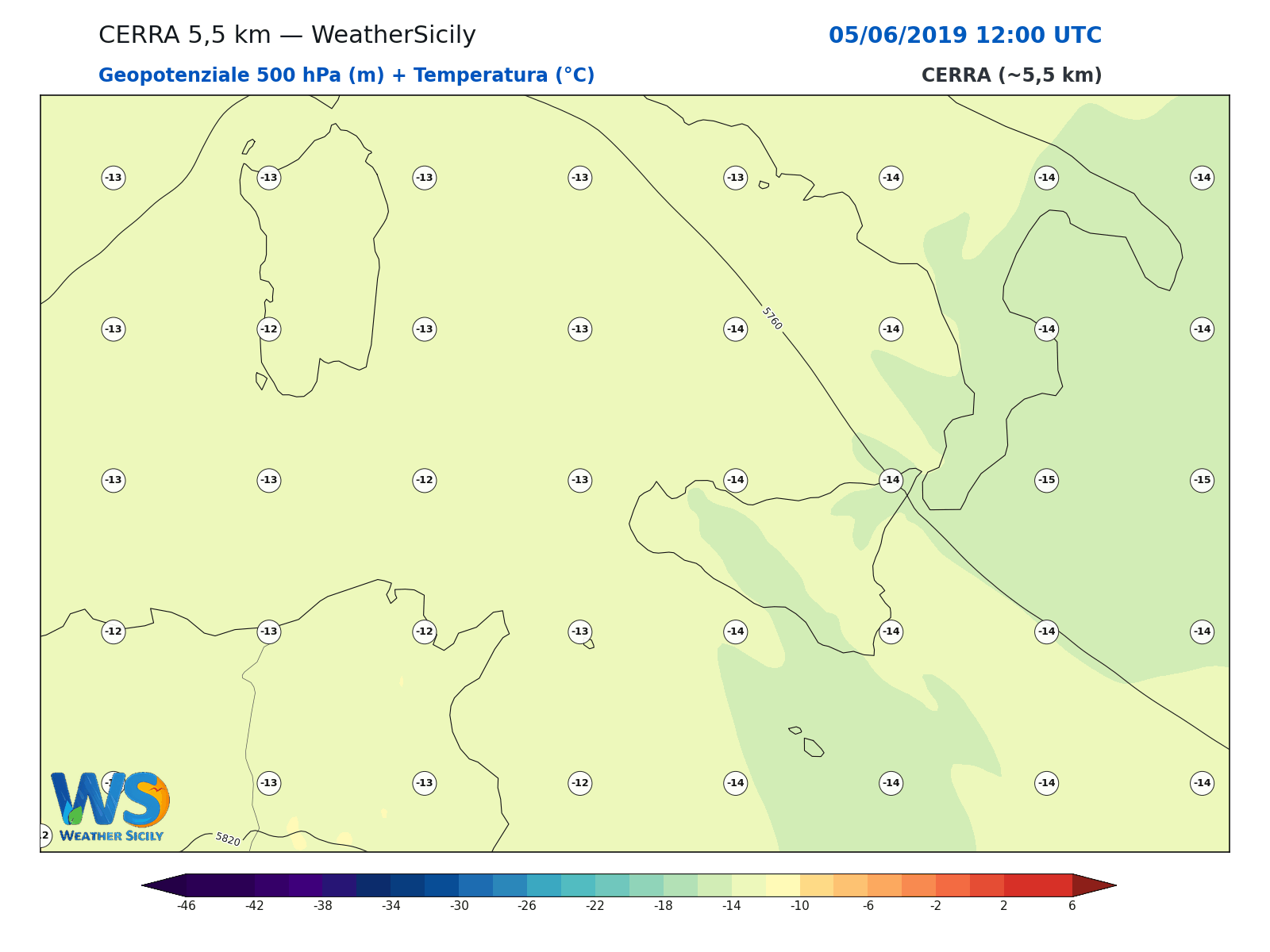 Geopotenziale 500 hPa + Temperatura · 2019060512