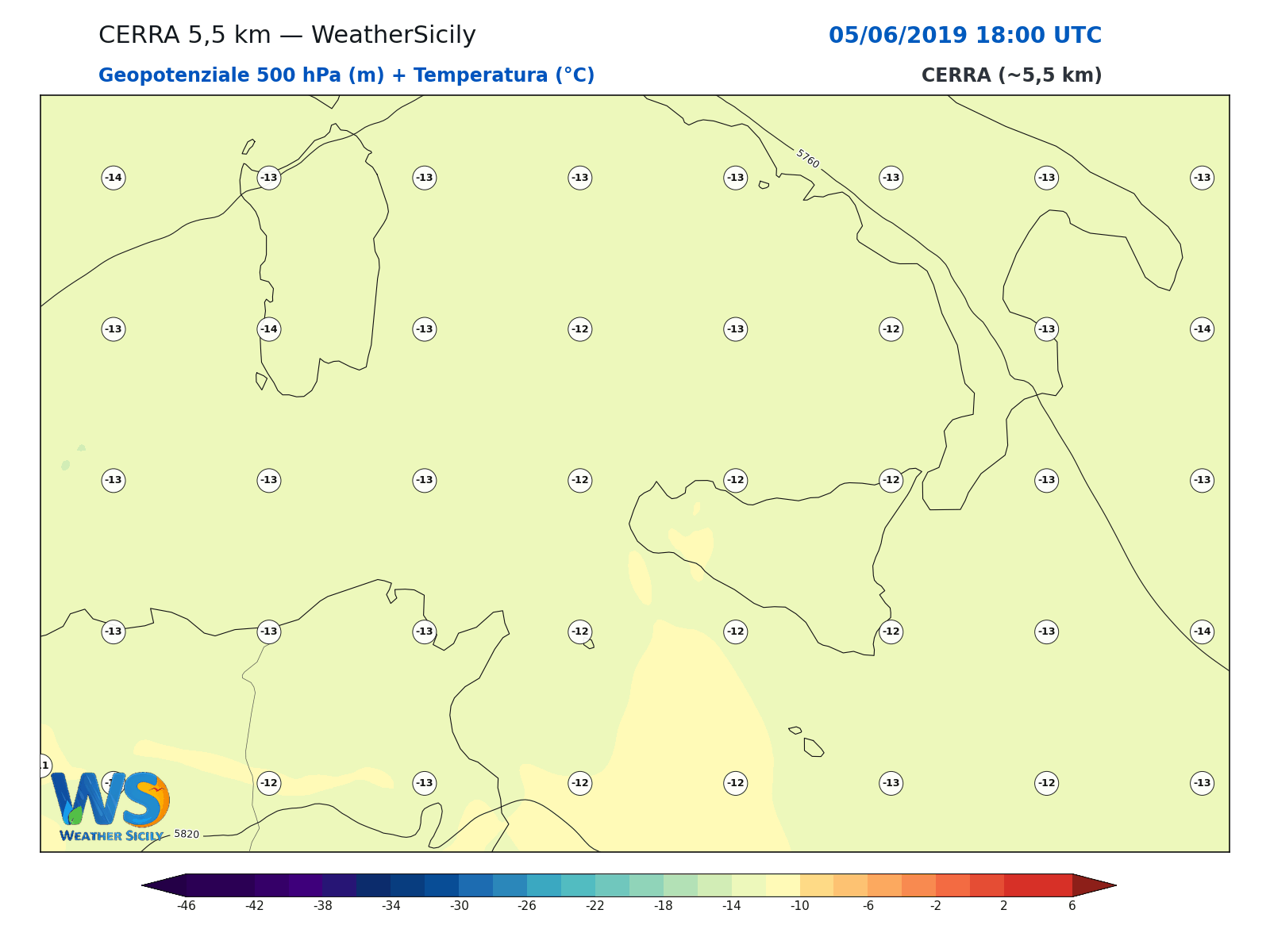 Geopotenziale 500 hPa + Temperatura · 2019060518