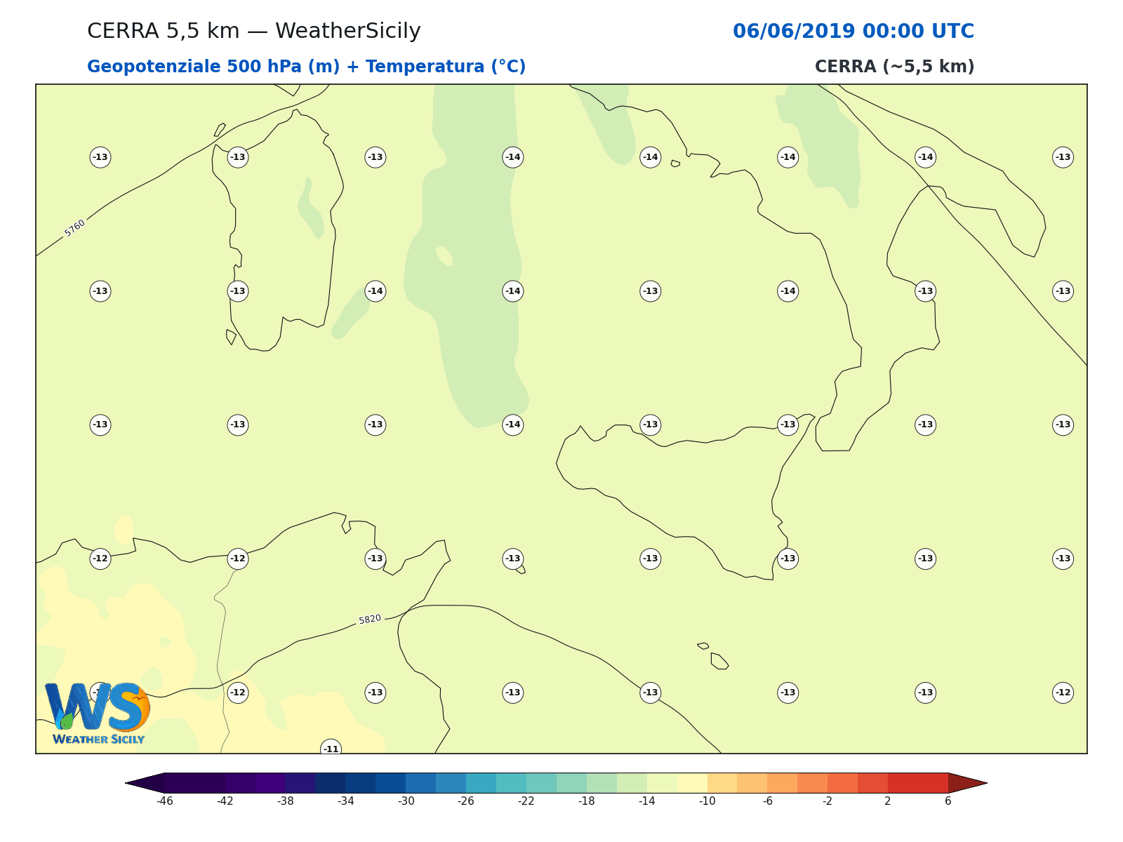 Geopotenziale 500 hPa + Temperatura · 2019060600