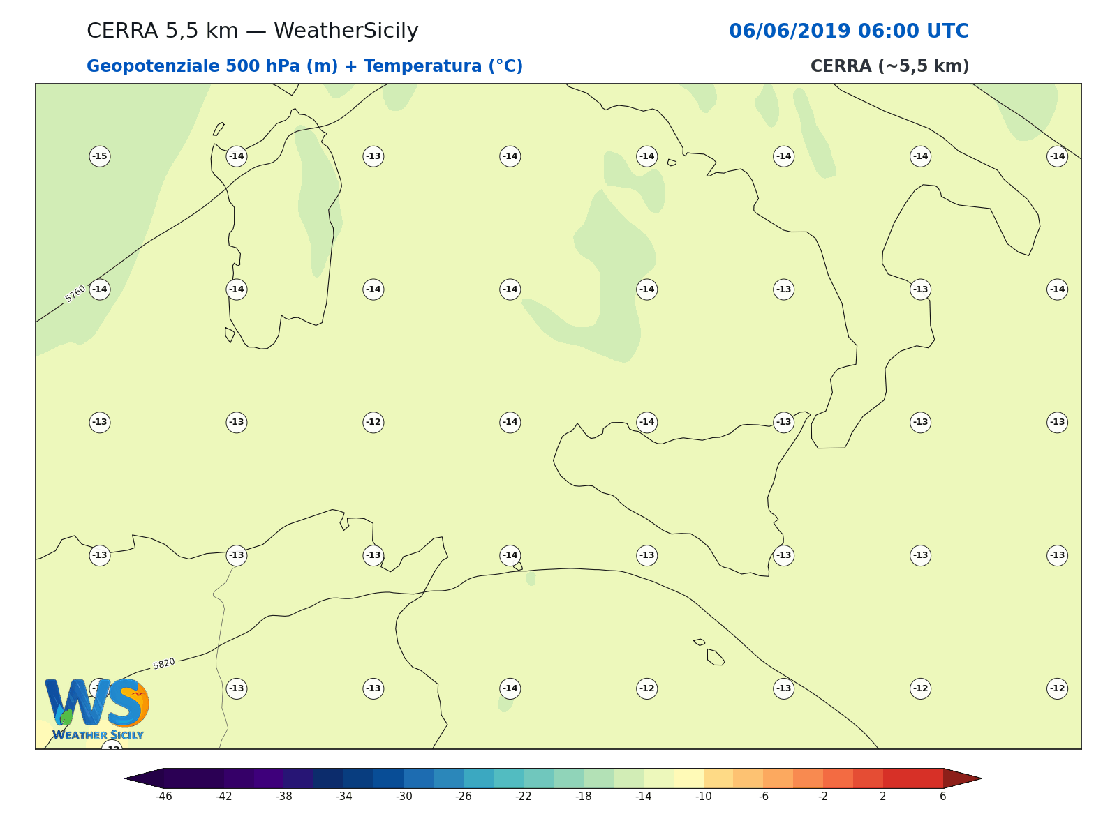 Geopotenziale 500 hPa + Temperatura · 2019060606