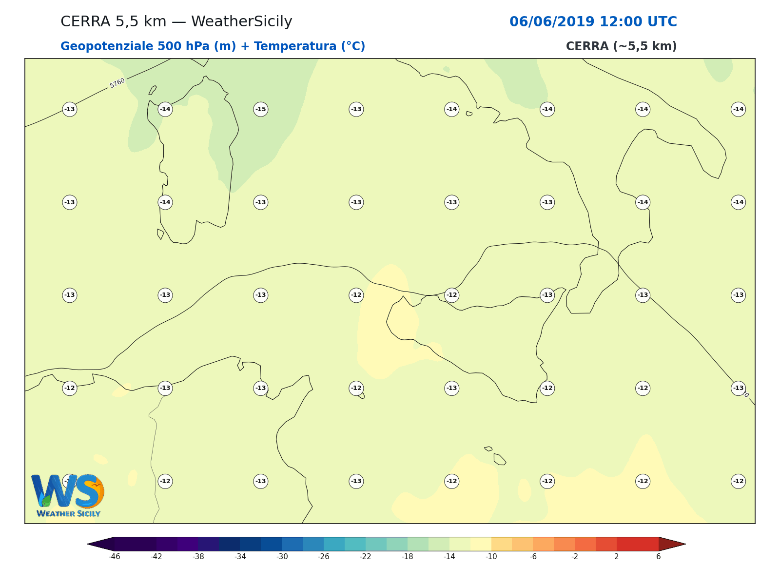 Geopotenziale 500 hPa + Temperatura · 2019060612
