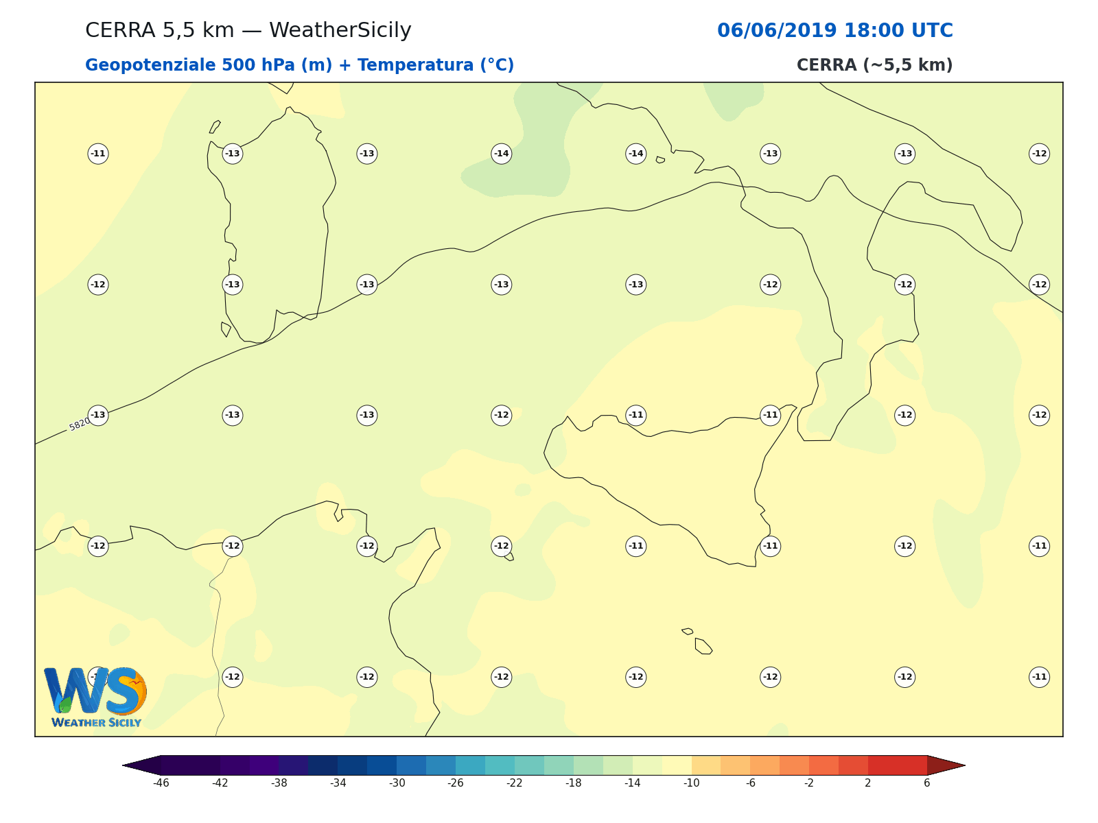 Geopotenziale 500 hPa + Temperatura · 2019060618