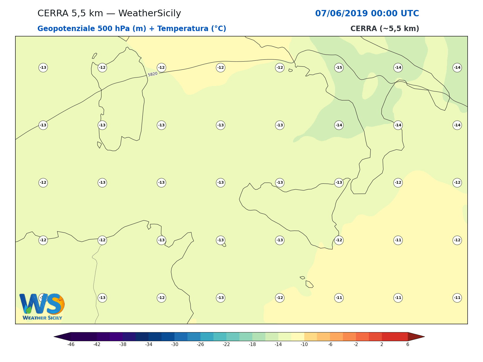 Geopotenziale 500 hPa + Temperatura · 2019060700