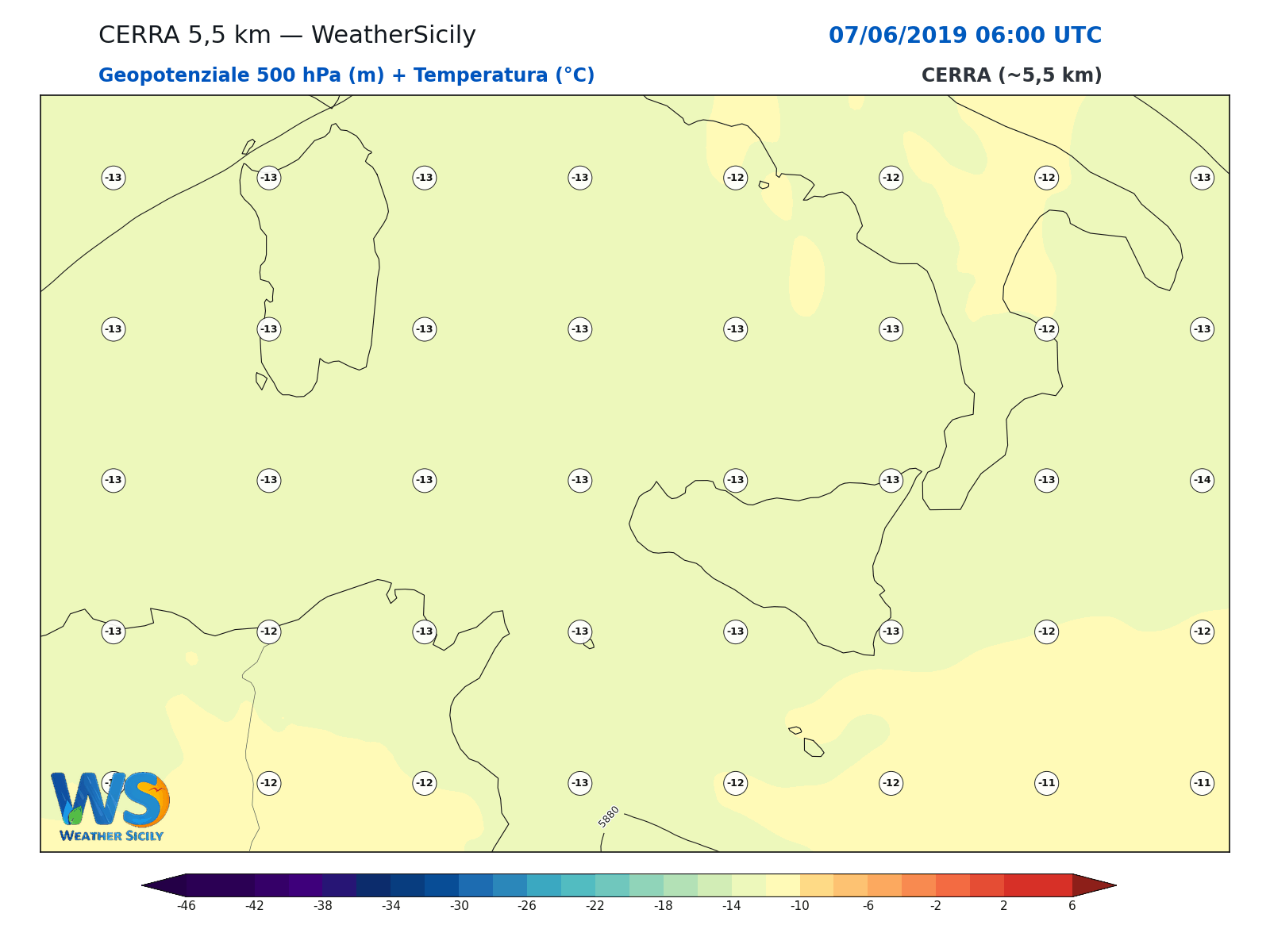 Geopotenziale 500 hPa + Temperatura · 2019060706