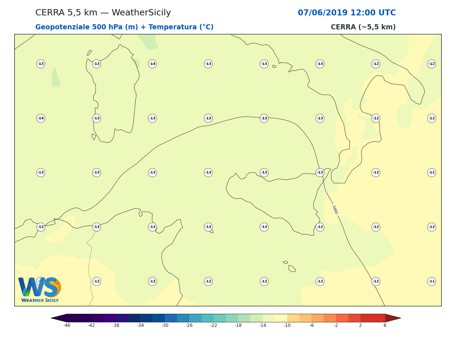 Geopotenziale 500 hPa + Temperatura · 2019060712