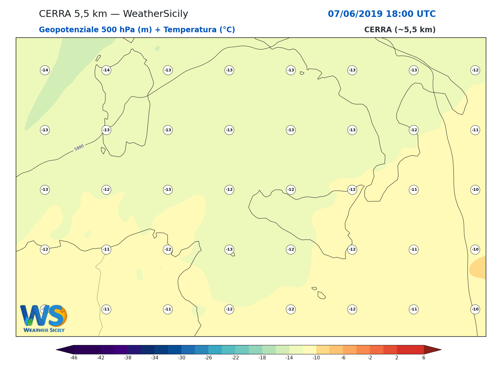 Geopotenziale 500 hPa + Temperatura · 2019060718